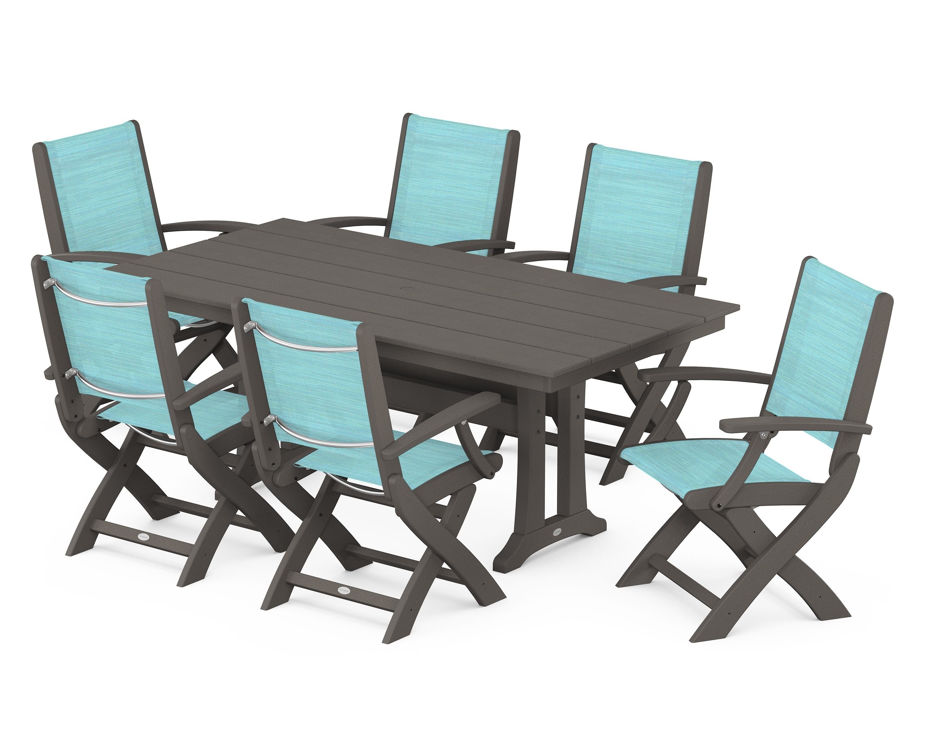 POLYWOOD Coastal Folding Arm Chair 7-Piece Farmhouse Dining Set with Trestle Legs in Vintage Coffee / Dupioni Aquamarine Sling