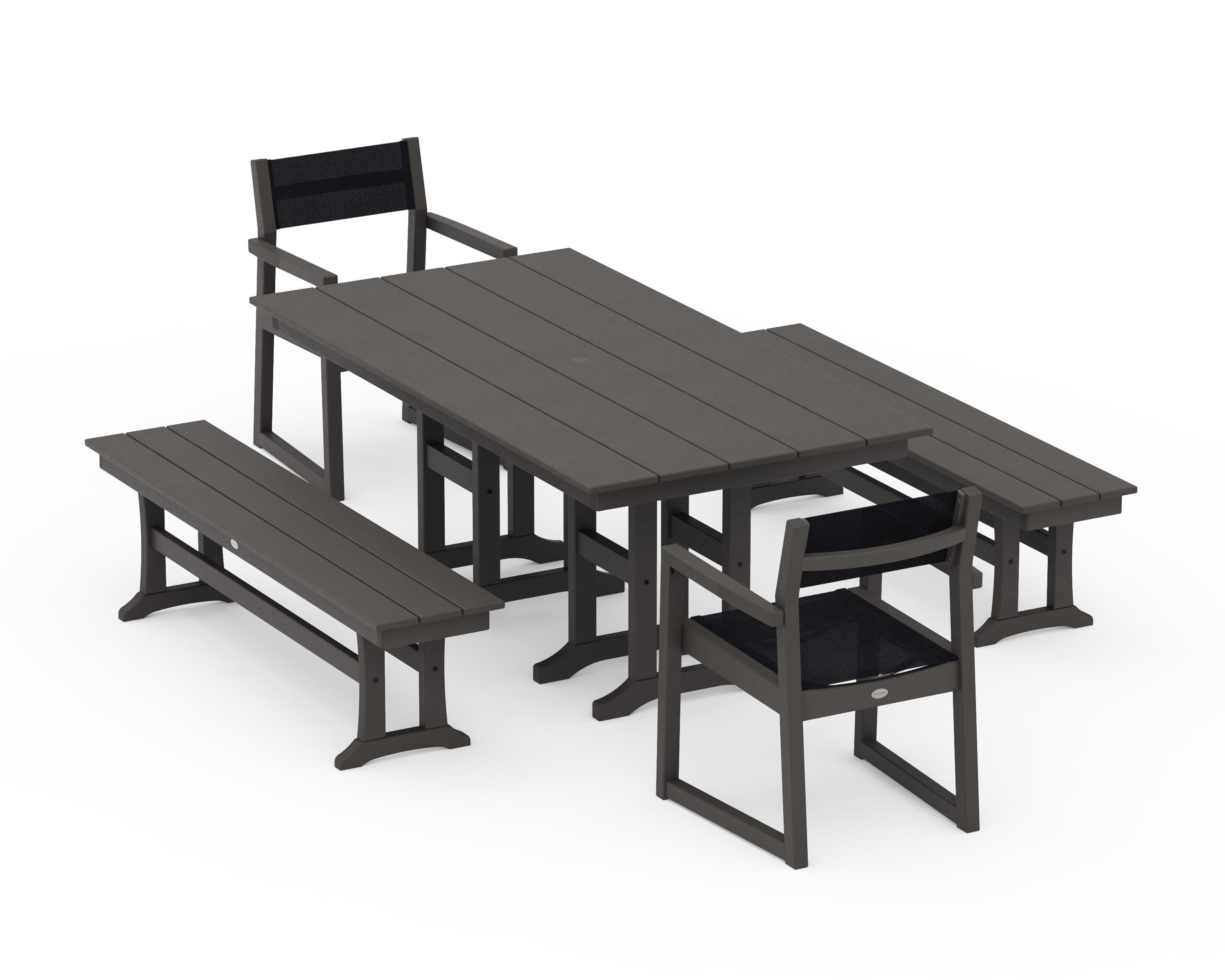 POLYWOOD EDGE Sling Arm Chair 5-Piece Farmhouse Dining Set with Benches in Vintage Coffee / Black Sling
