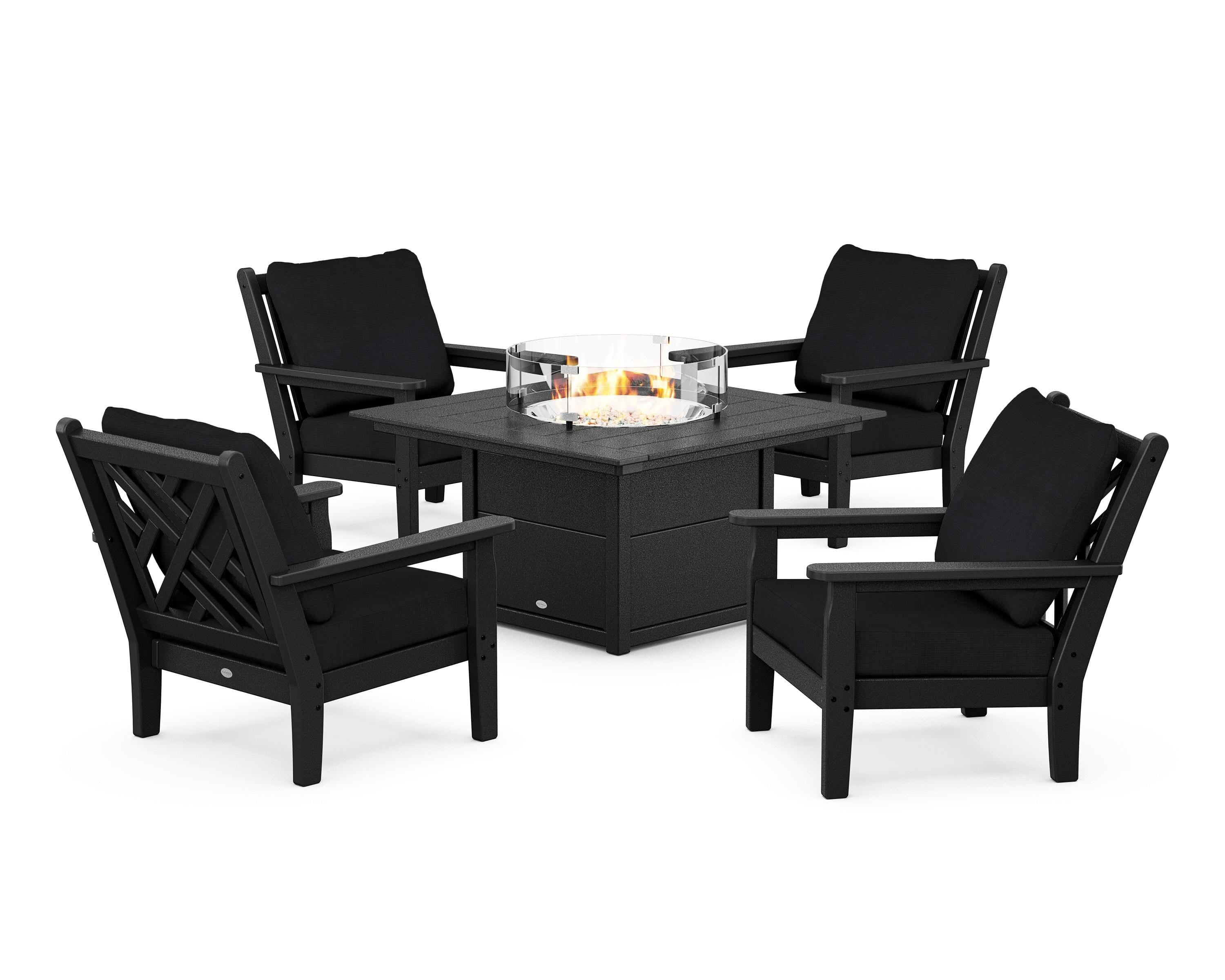 POLYWOOD Chippendale 5-Piece Deep Seating Set with Fire Pit Table in Black / Midnight Linen