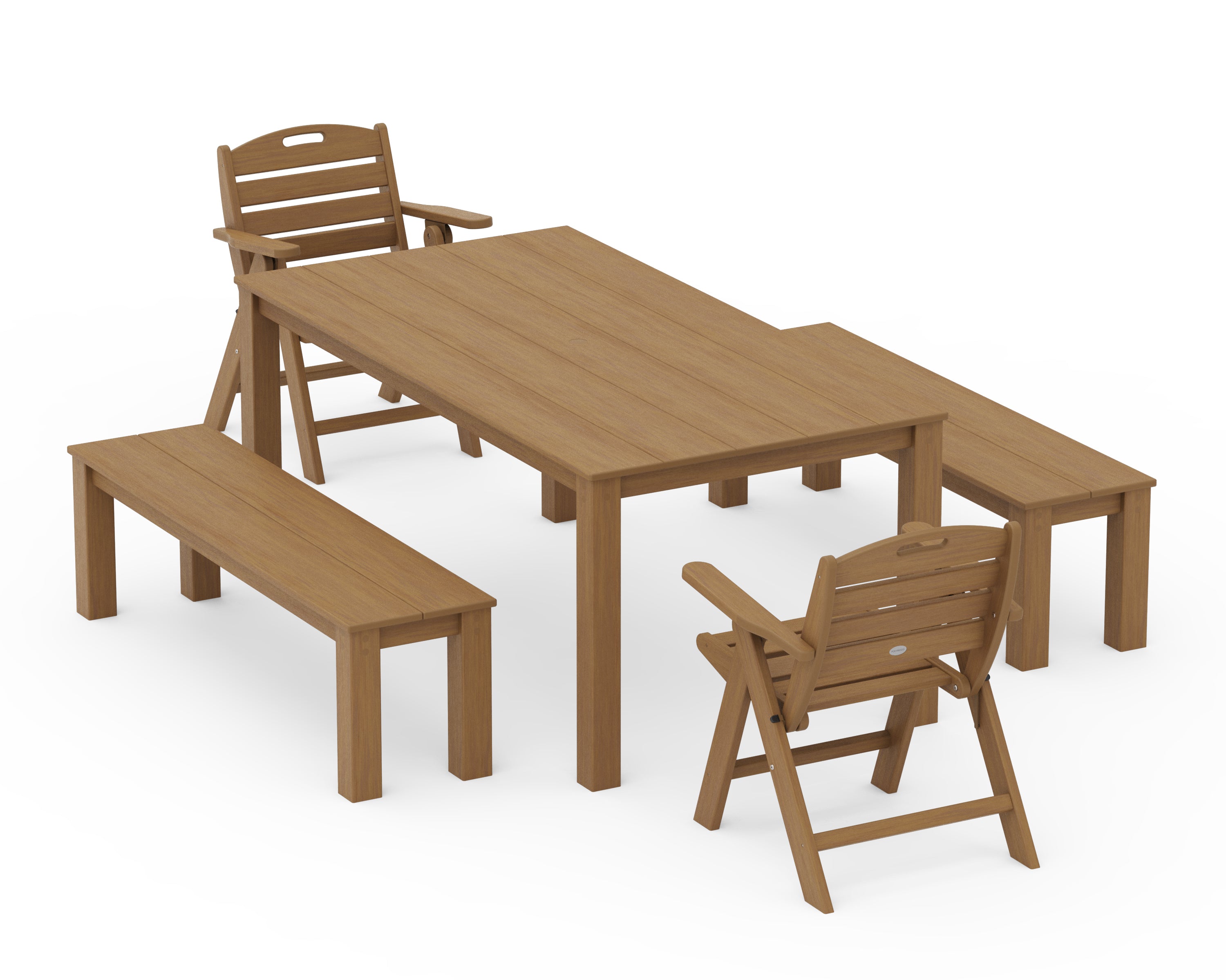 POLYWOOD Nautical Folding Lowback Chair 5-Piece Parsons Dining Set with Benches in Natural