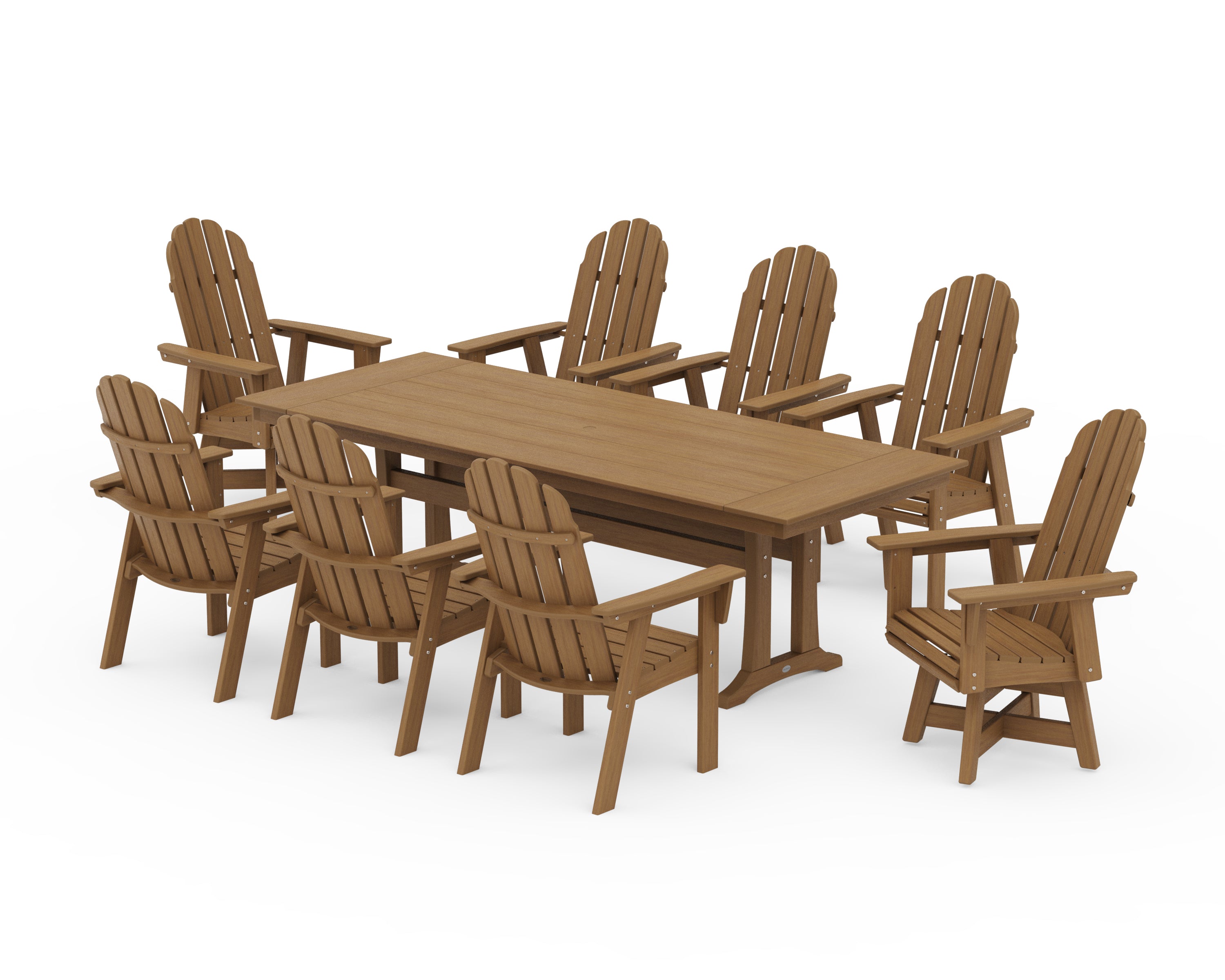 POLYWOOD Vineyard 9-Piece Curveback Adirondack Swivel Farmhouse Dining Set with Trestle Legs in Natural