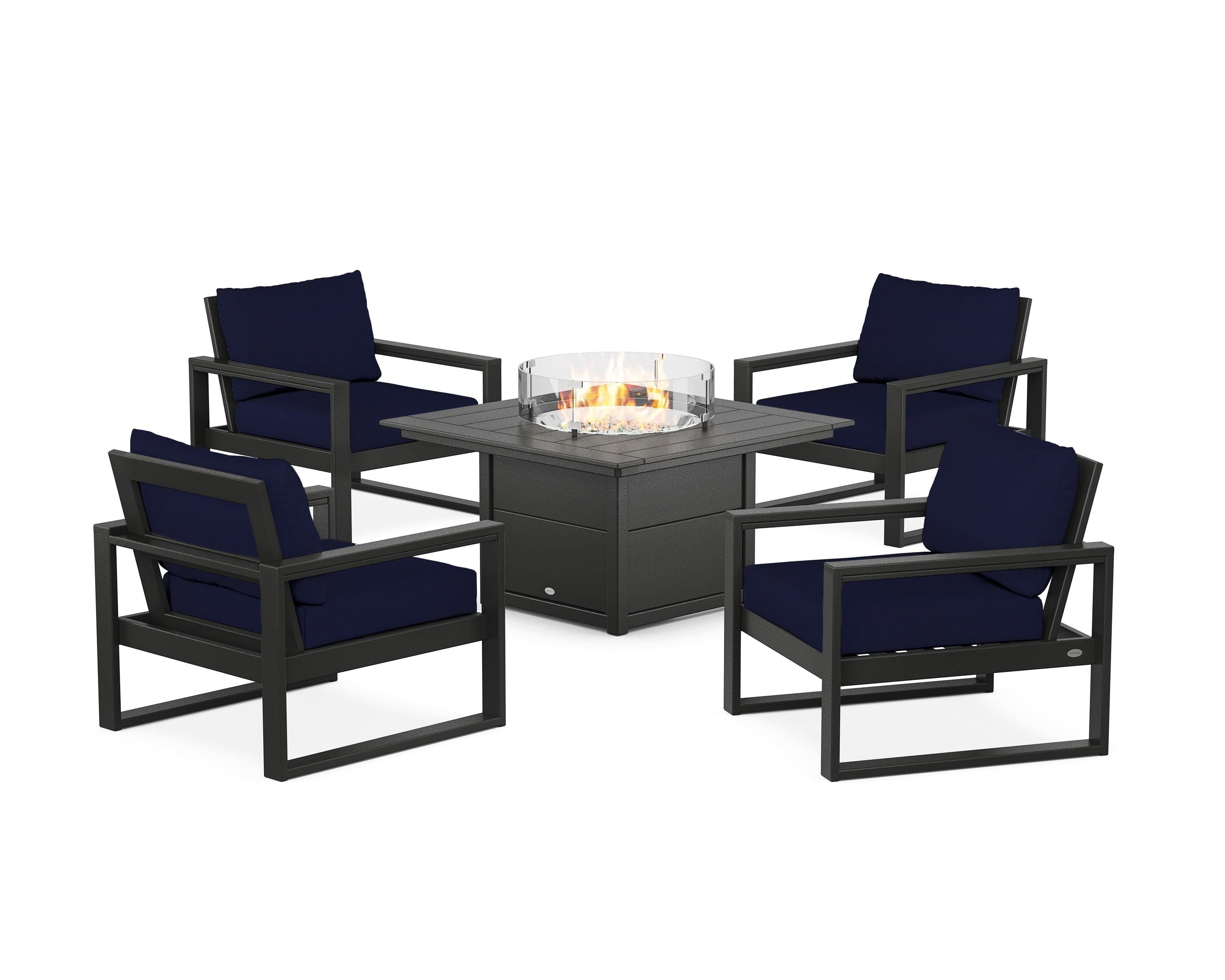 POLYWOOD EDGE Sectional 5-Piece Deep Seating Set with Fire Pit Table in Black / Navy