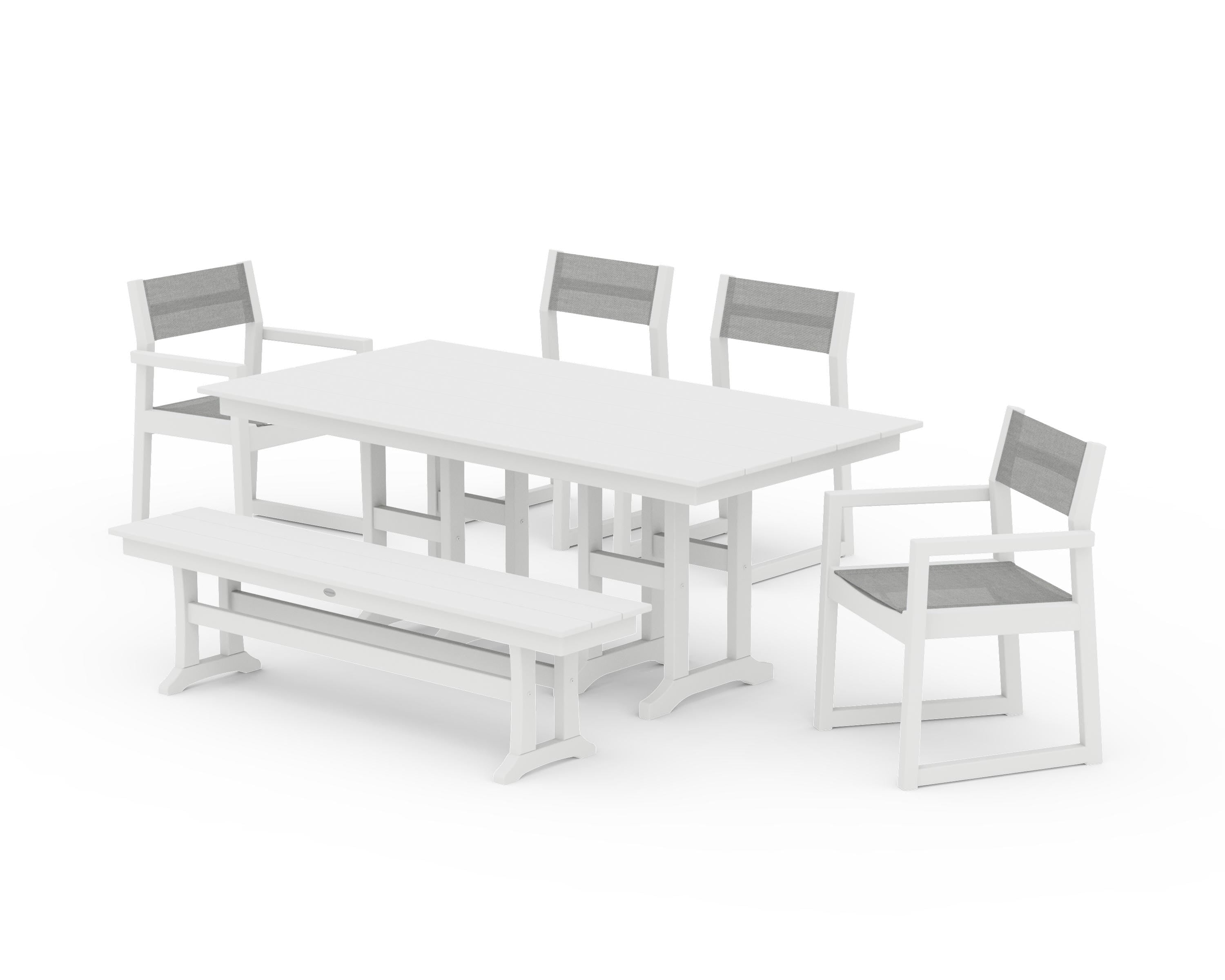 POLYWOOD EDGE Sling 6-Piece Farmhouse Dining Set in White / Metallic Sling