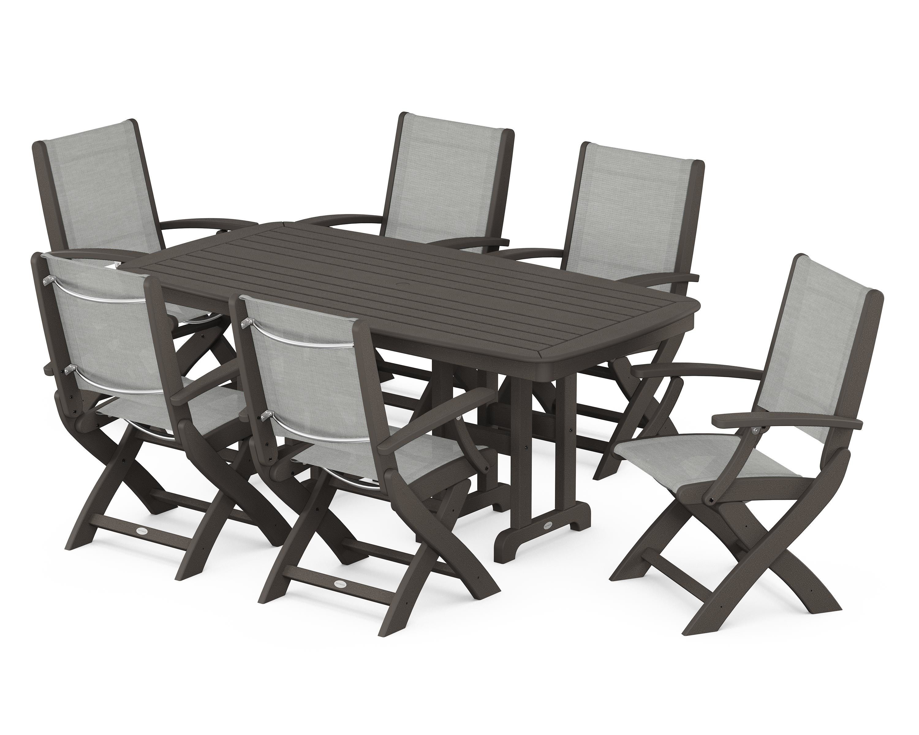 POLYWOOD Coastal Folding Arm Chair 7-Piece Dining Set in Vintage Coffee / Metallic Sling