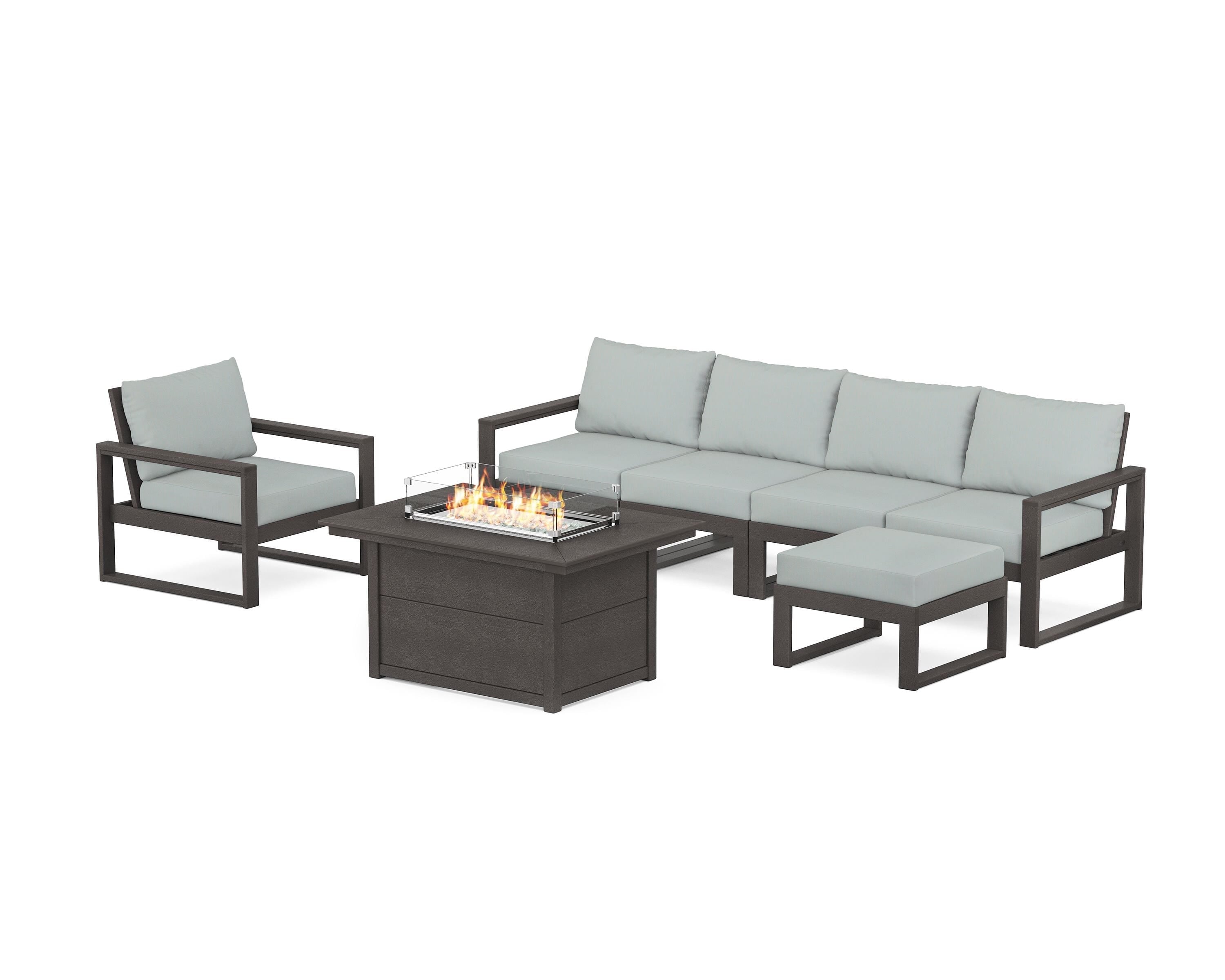 POLYWOOD EDGE Sectional Lounge and Fire Pit Set in Vintage Coffee / Spa