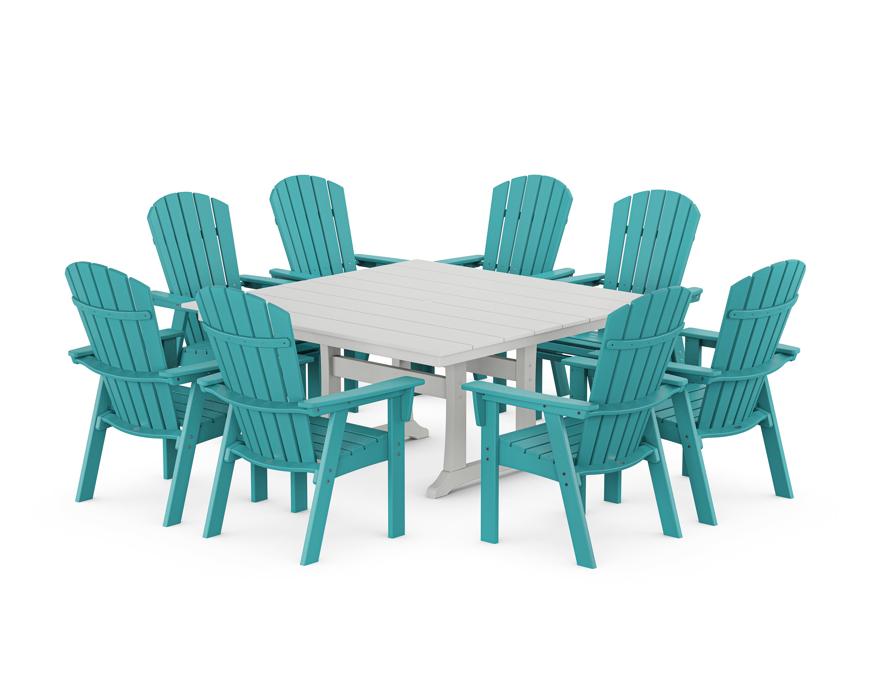 POLYWOOD Nautical Curveback Adirondack 9-Piece Square Dining Set with Trestle Legs in Aruba / White