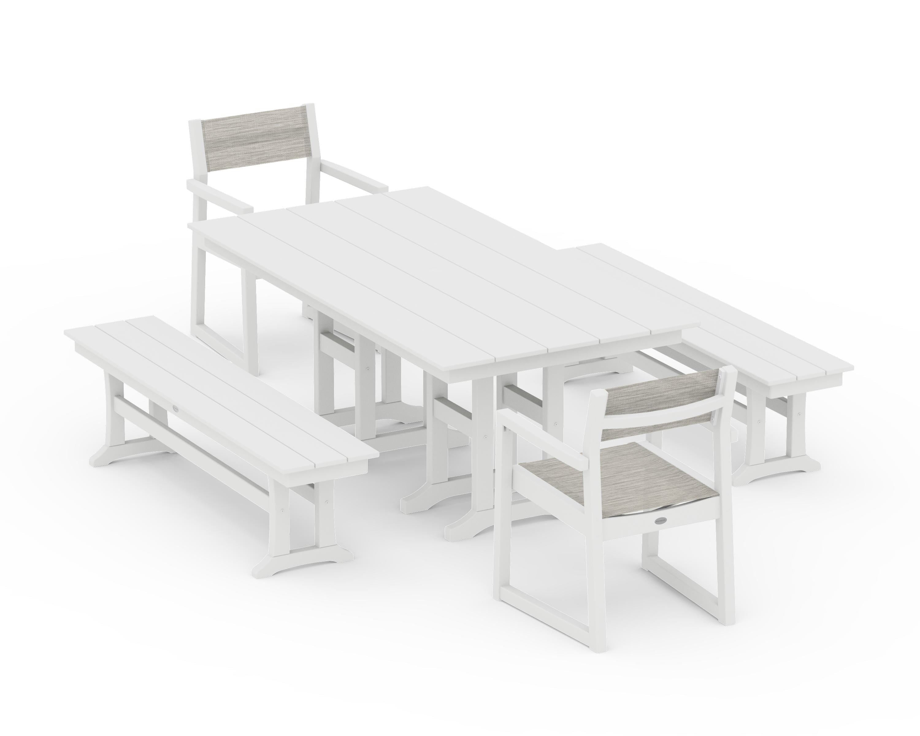 POLYWOOD EDGE Sling Arm Chair 5-Piece Farmhouse Dining Set with Benches in White / Birch Sling