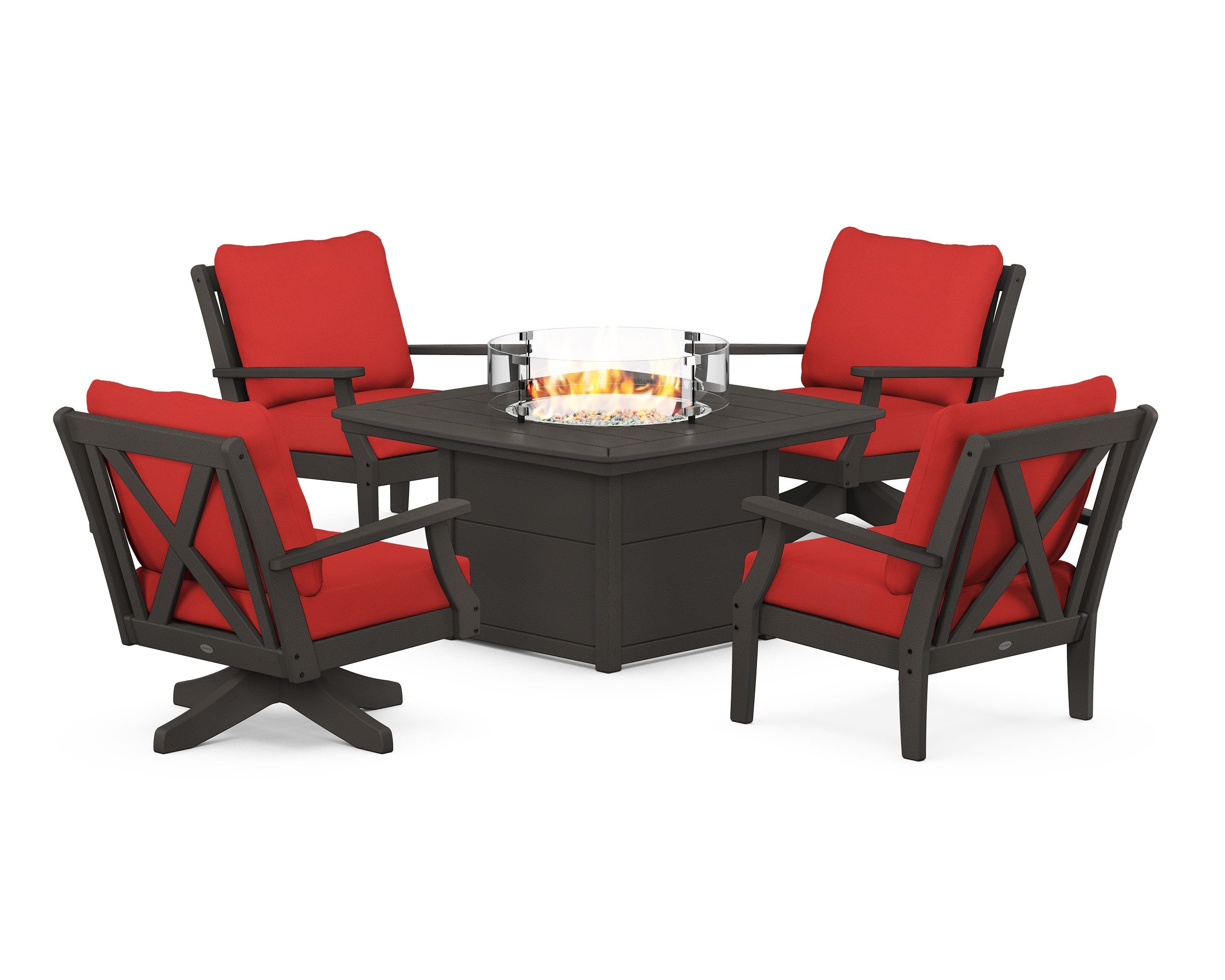 POLYWOOD Braxton 5-Piece Deep Seating Set with Fire Table in Vintage Coffee / Crimson Linen