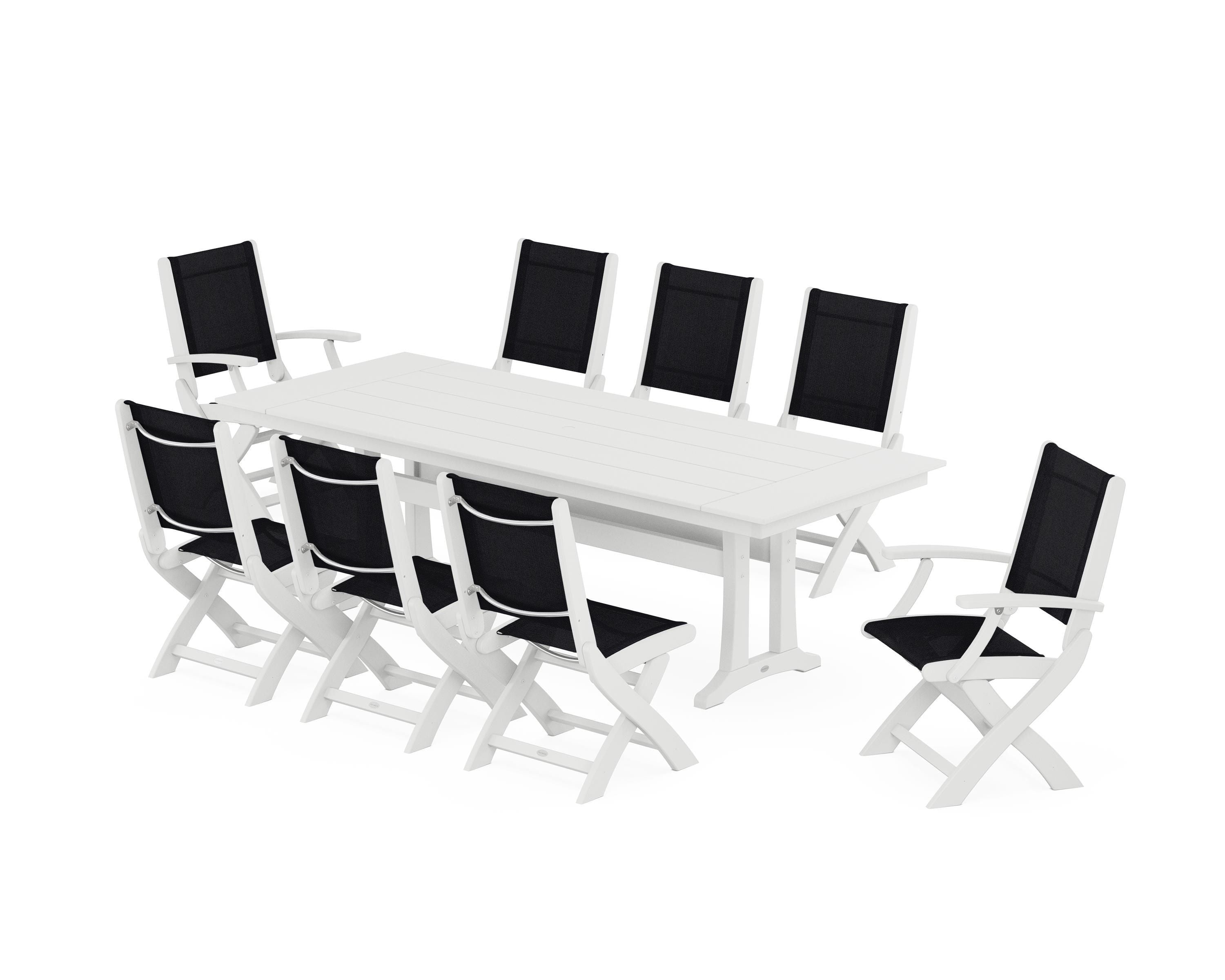POLYWOOD Coastal 9-Piece Folding Dining Chair Farmhouse Dining Set with Trestle Legs in White / Black Sling