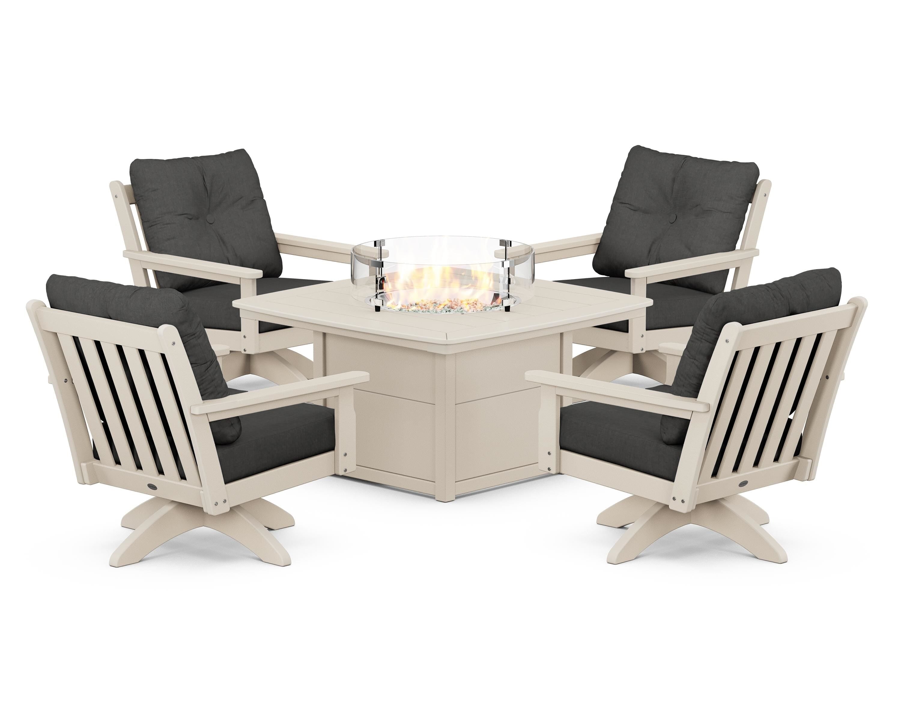 POLYWOOD Vineyard 5-Piece Deep Seating Swivel Conversation Set with Fire Pit Table in Sand / Spectrum Carbon