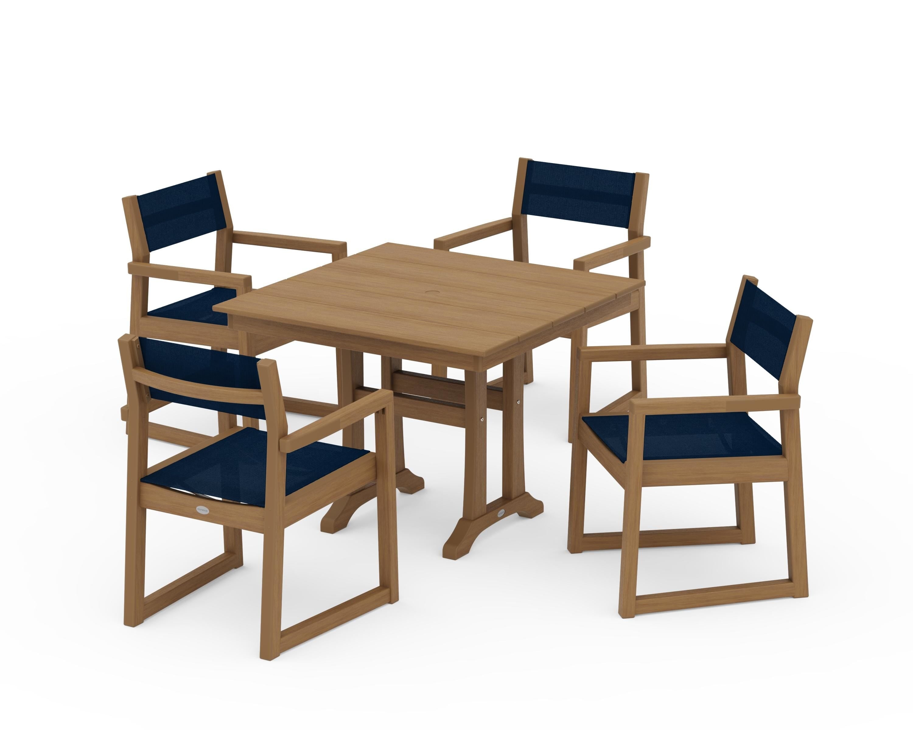 POLYWOOD EDGE Sling 5-Piece Farmhouse Dining Set with Trestle Legs in Natural / Navy Blue Sling