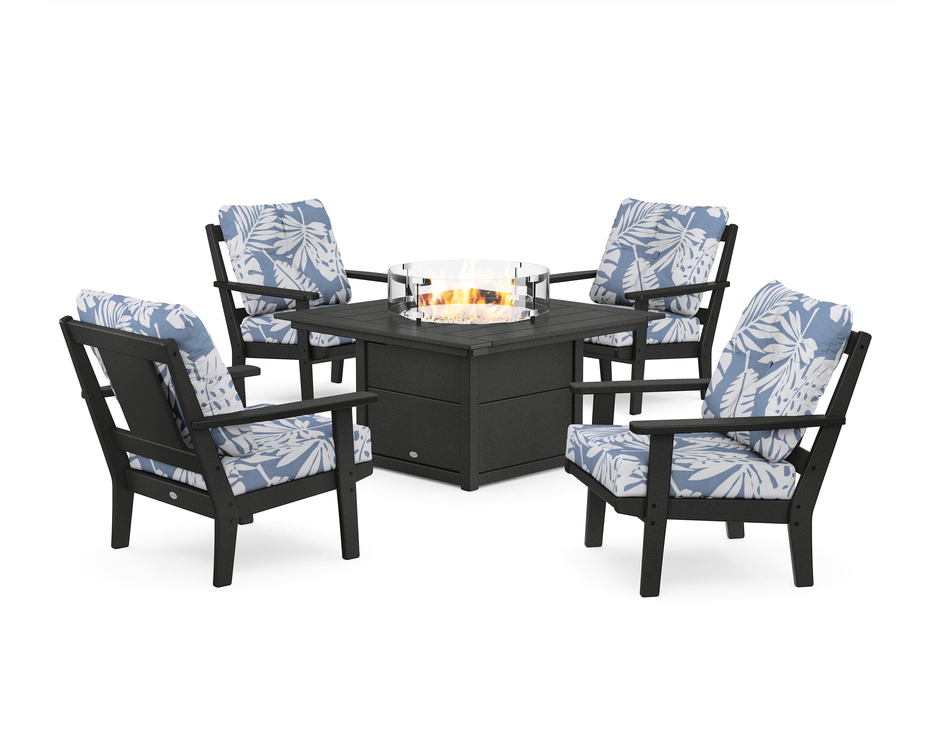 POLYWOOD Prairie 5-Piece Deep Seating Set with Fire Pit Table in Black / Leaf Sky Blue