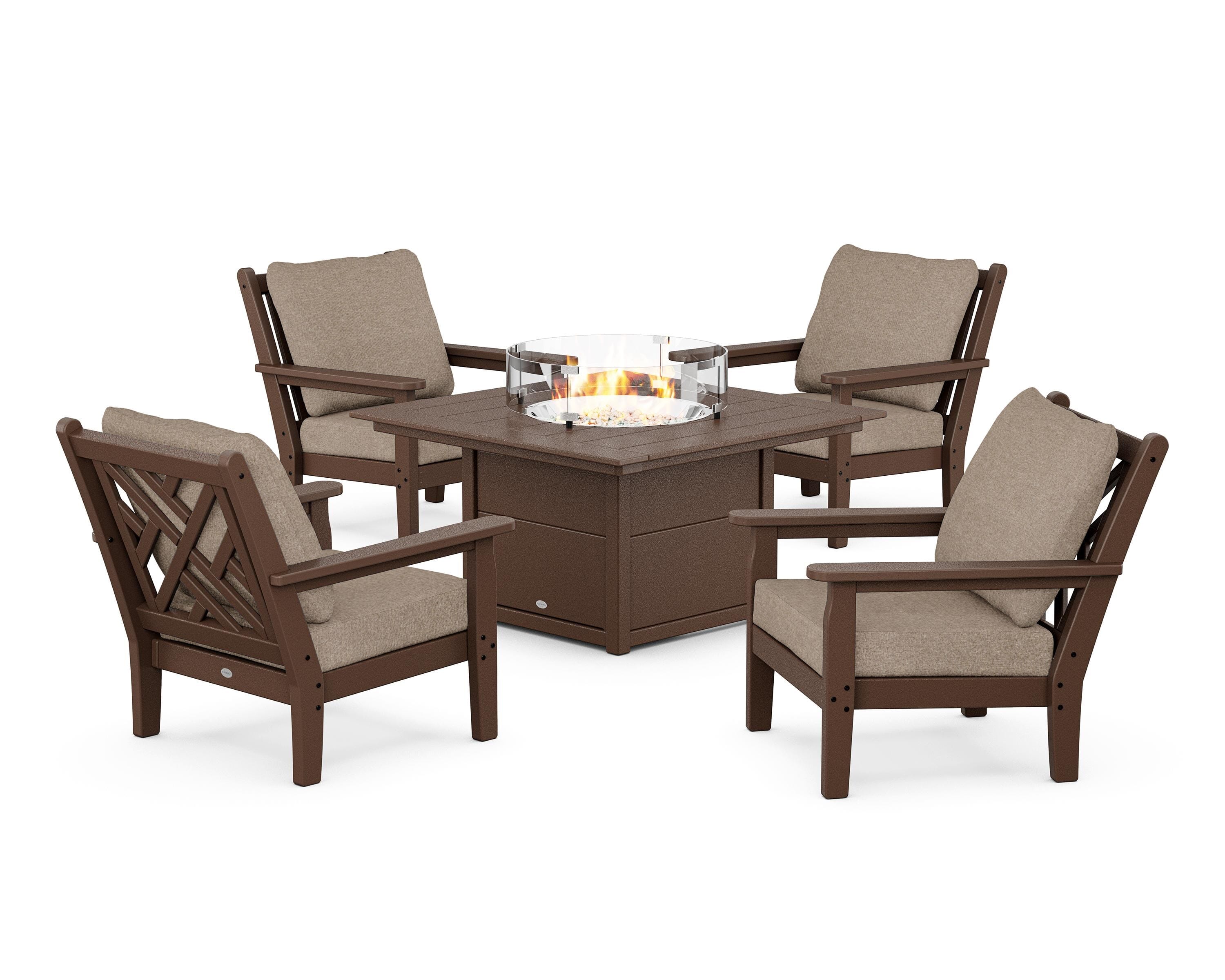 POLYWOOD Chippendale 5-Piece Deep Seating Set with Fire Pit Table in Mahogany / Spiced Burlap