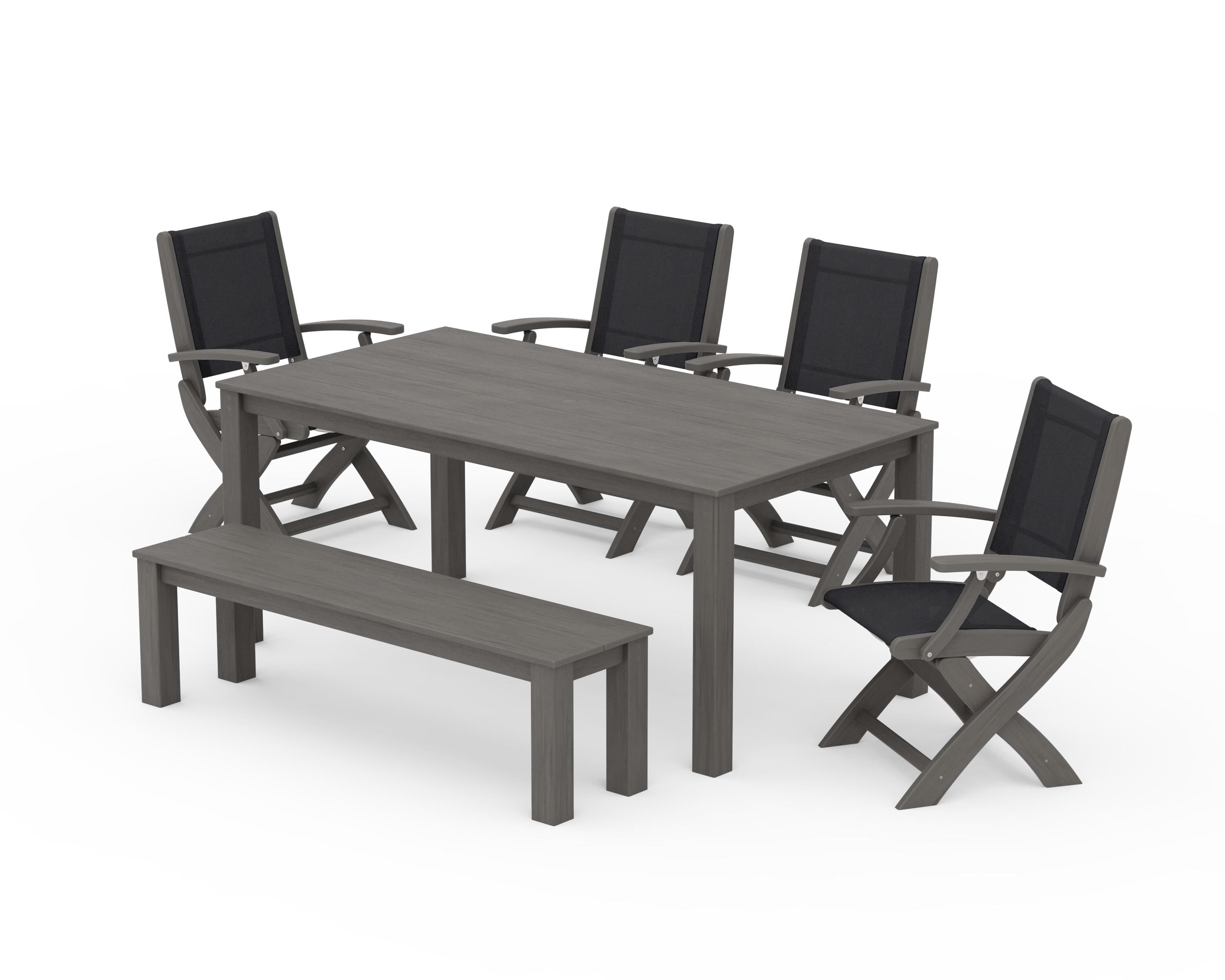 POLYWOOD Coastal Folding Chair 6-Piece Parsons Dining Set with Bench in Driftwood / Black Sling