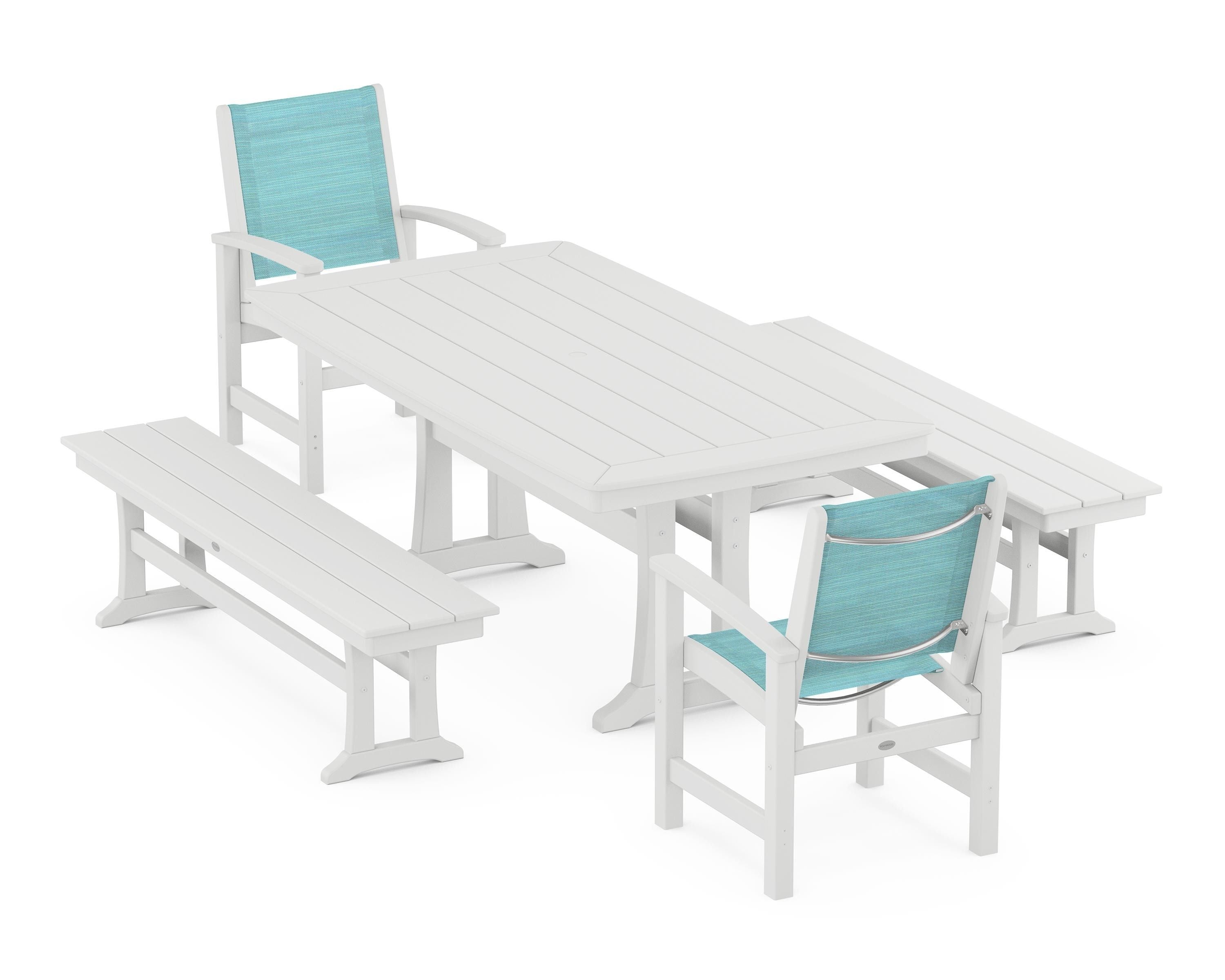 POLYWOOD Coastal 5-Piece Dining Set with Trestle Legs and Benches in White / Dupioni Aquamarine Sling