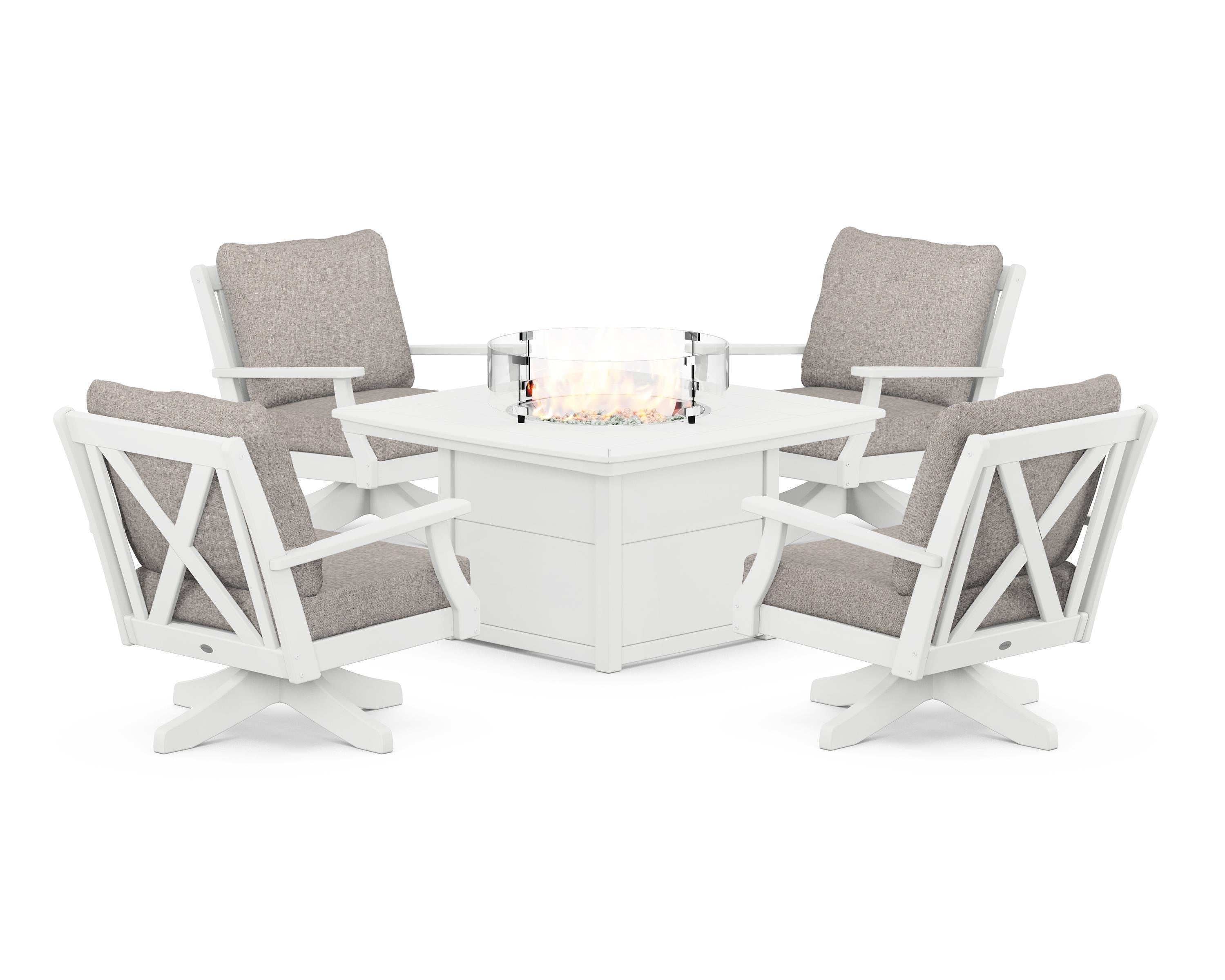 POLYWOOD Braxton 5-Piece Deep Seating Swivel Conversation Set with Fire Pit Table in White / Weathered Tweed
