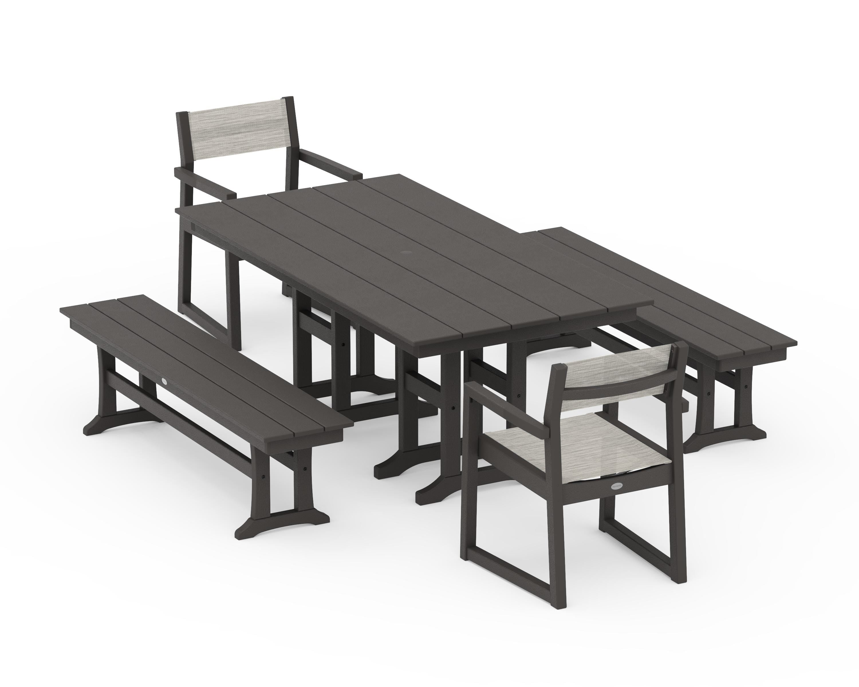 POLYWOOD EDGE Sling Arm Chair 5-Piece Farmhouse Dining Set with Benches in Vintage Coffee / Birch Sling