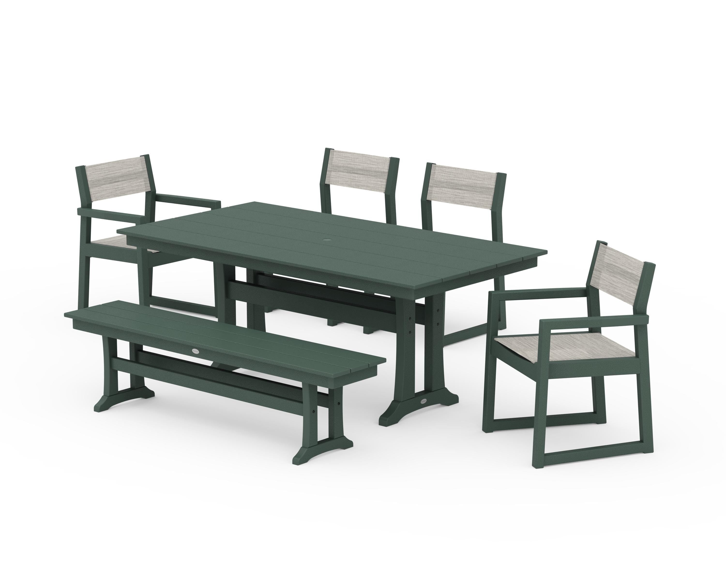 POLYWOOD EDGE Sling 6-Piece Farmhouse Dining Set With Trestle Legs in Green / Birch Sling
