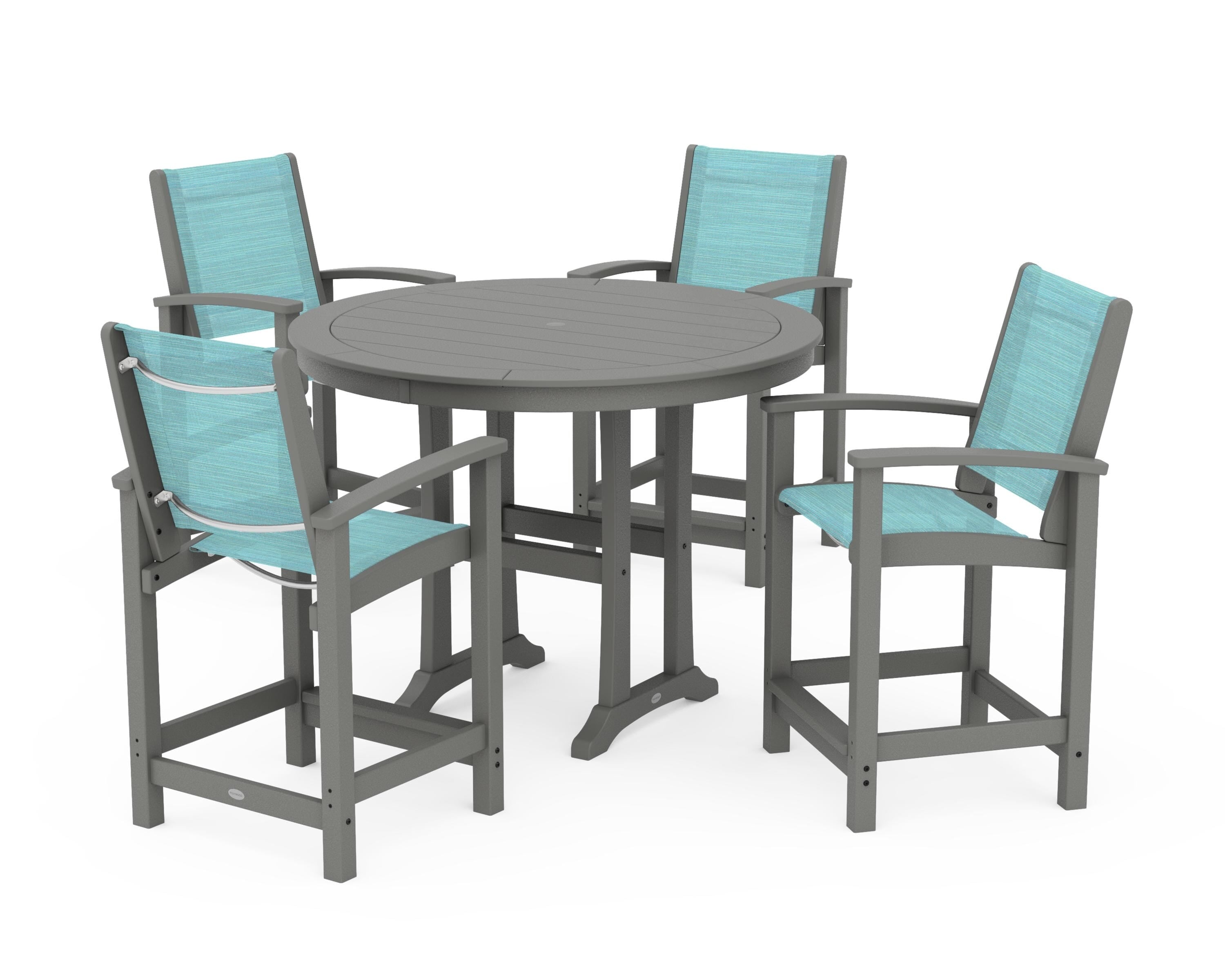 POLYWOOD Coastal 5-Piece Counter Set in Slate Grey / Dupioni Aquamarine Sling