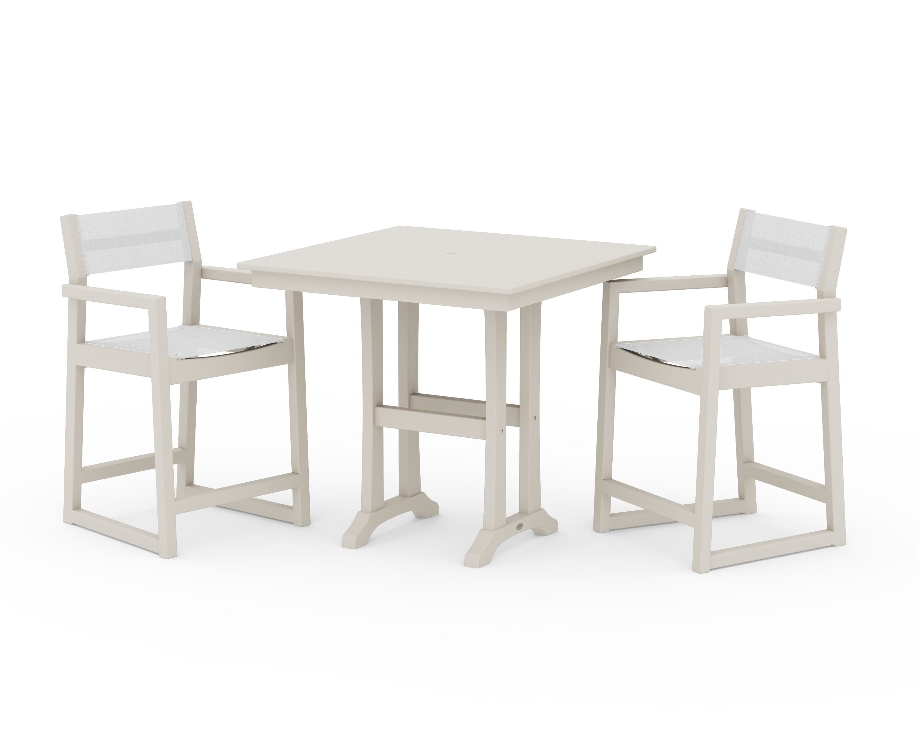POLYWOOD EDGE Sling Arm Chair 3-Piece Farmhouse Counter Set with Trestle Legs in Sand / White Sling