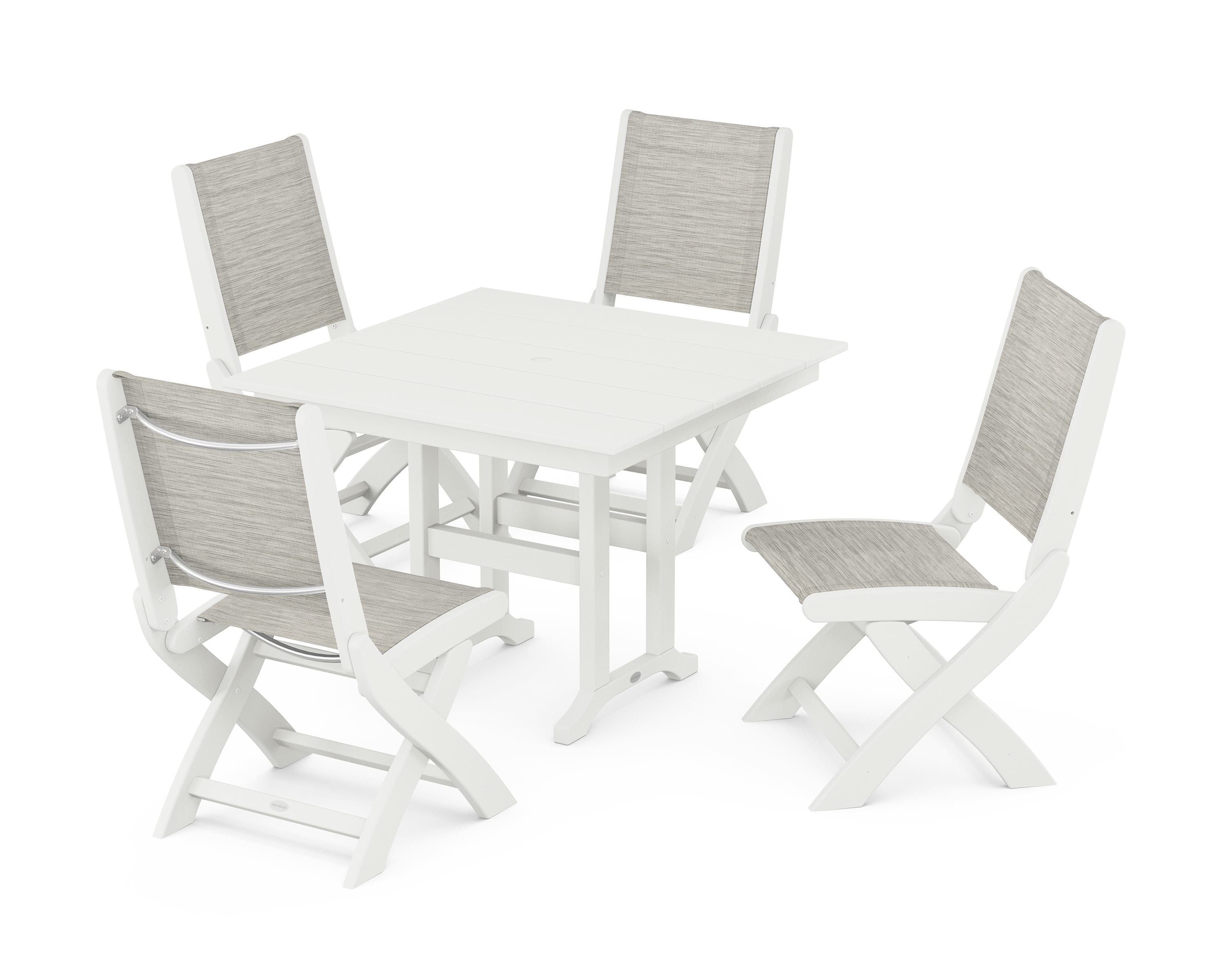POLYWOOD Coastal Folding Side Chair 5-Piece Farmhouse Dining Set in Vintage White / Birch Sling