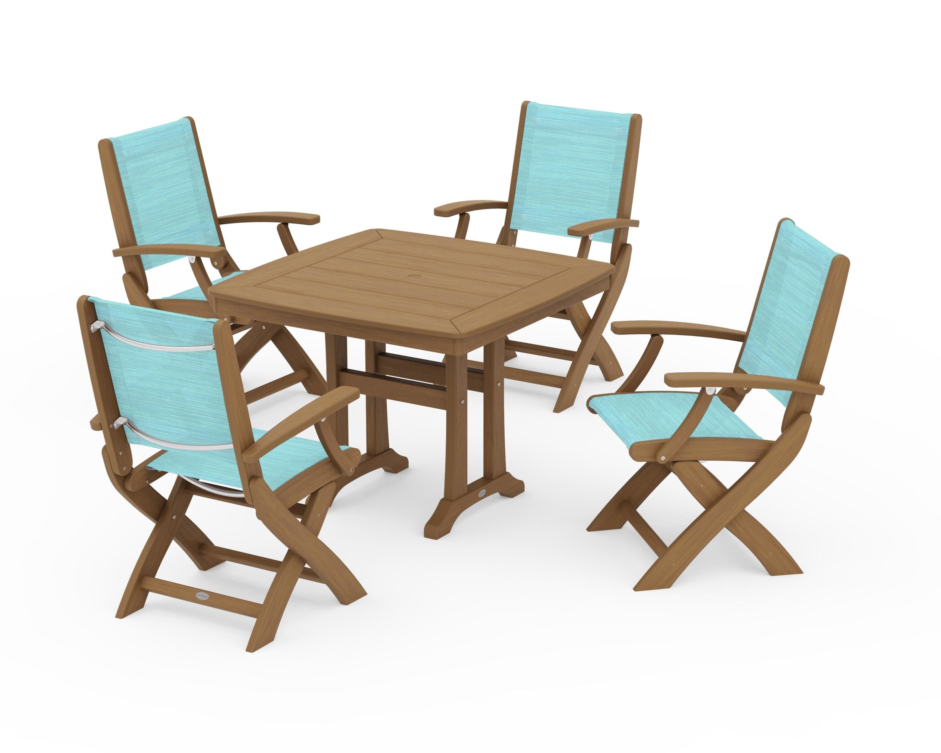 POLYWOOD Coastal Folding Chair 5-Piece Dining Set with Trestle Legs in Natural / Dupioni Aquamarine Sling