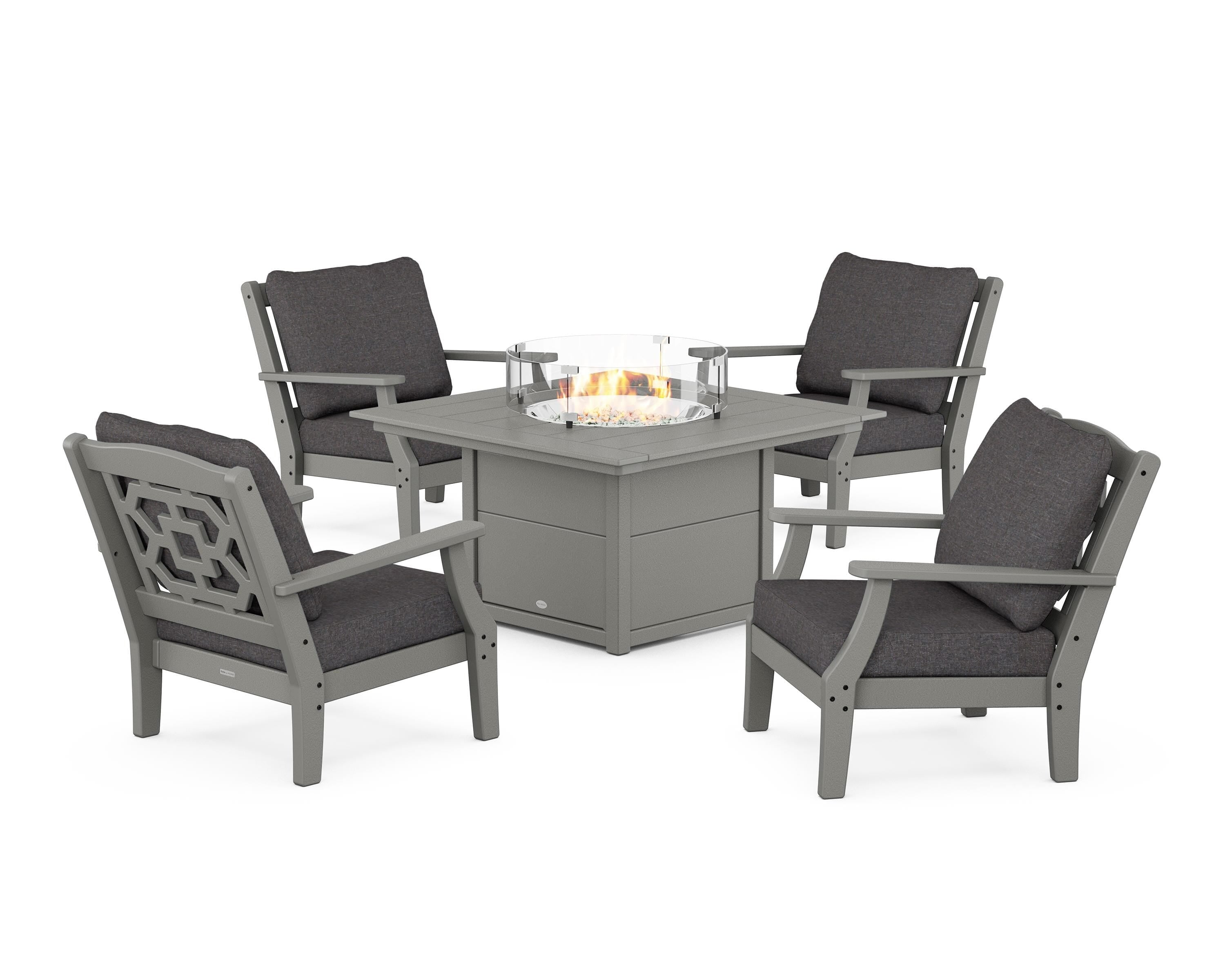 Martha Stewart by POLYWOOD Chinoiserie 5-Piece Deep Seating Set with Fire Pit Table in Slate Grey / Ash Charcoal