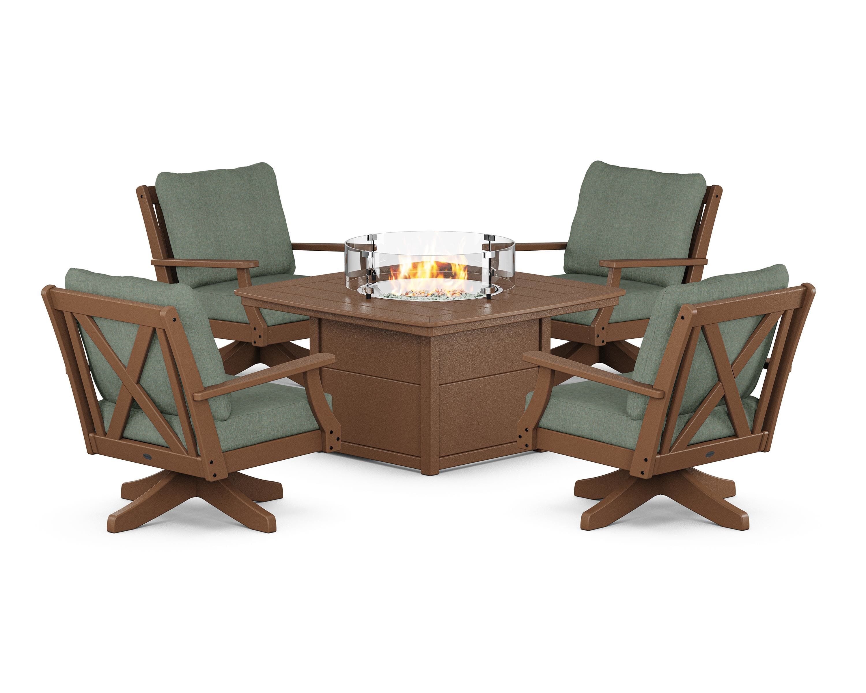 POLYWOOD Braxton 5-Piece Deep Seating Swivel Conversation Set with Fire Pit Table in Teak / Cast Sage