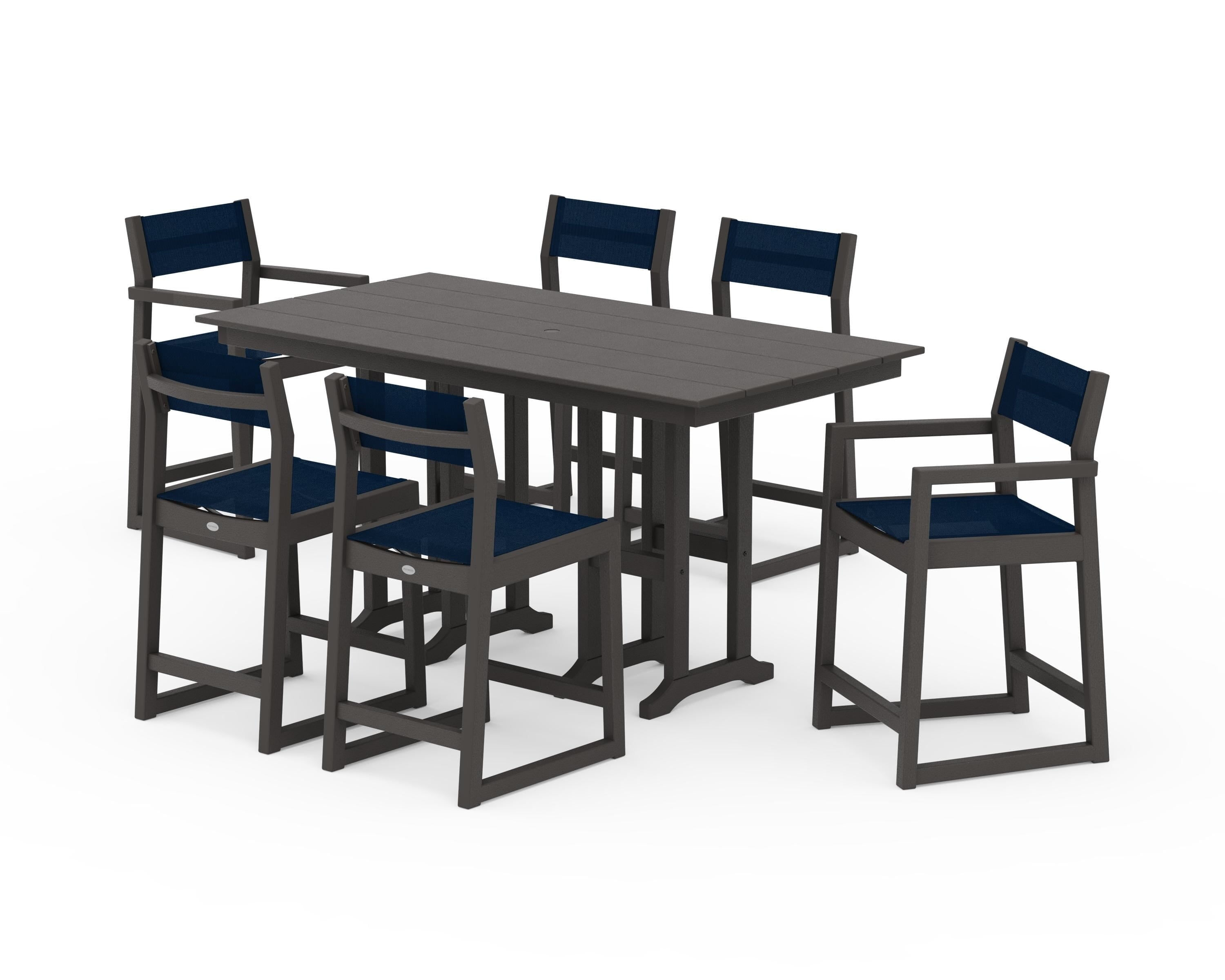 POLYWOOD EDGE Sling 7-Piece Farmhouse Counter Set with Trestle Legs in Vintage Coffee / Navy Blue Sling