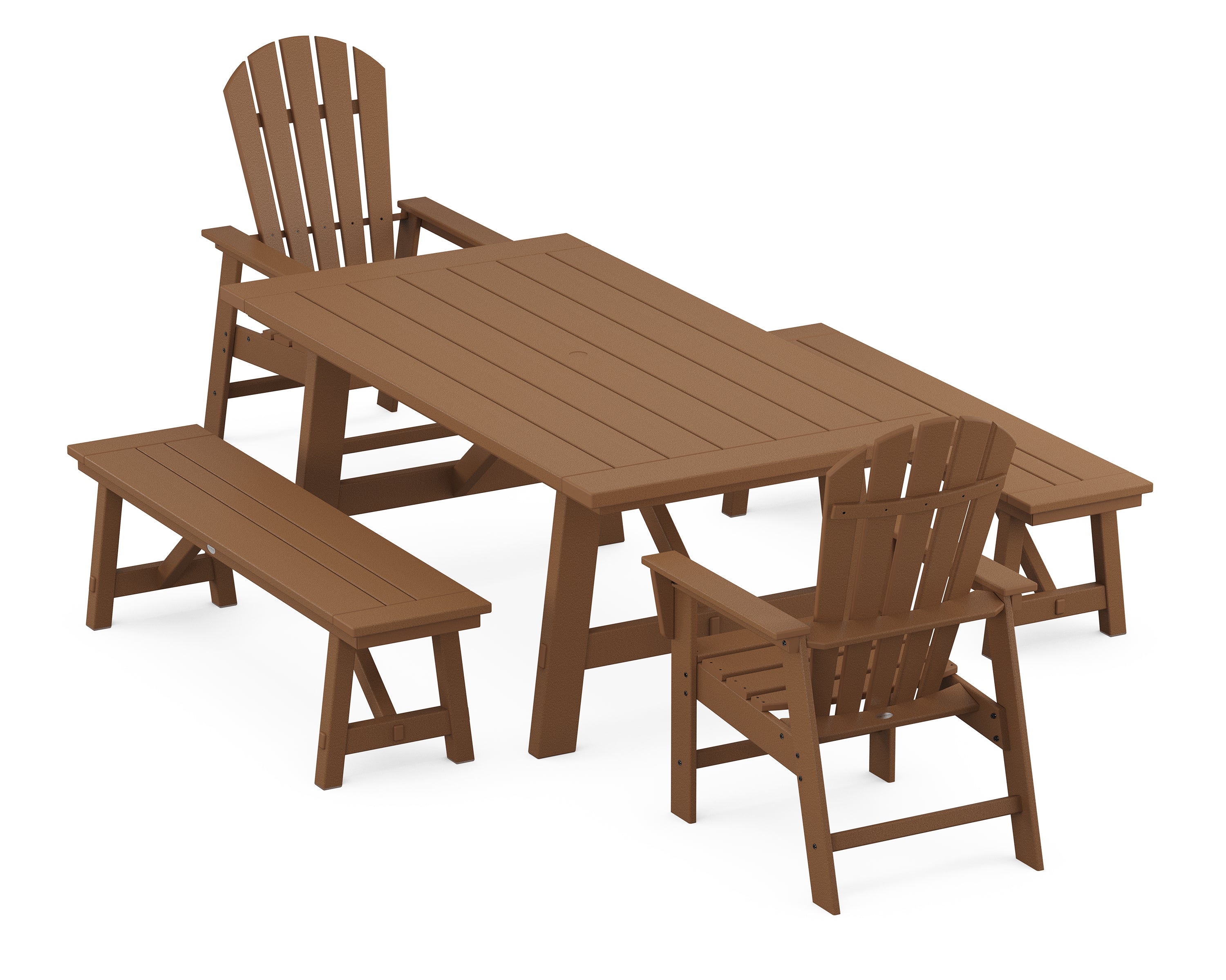 POLYWOOD® South Beach 5-Piece Rustic Farmhouse Dining Set With Benches in Teak