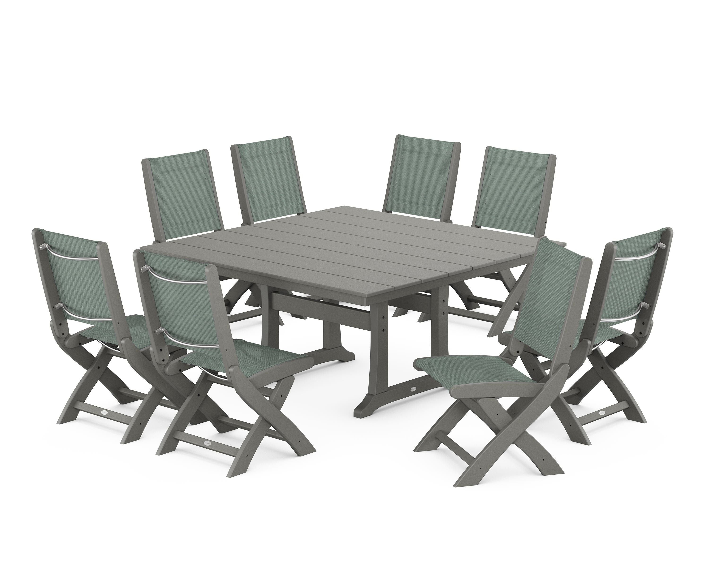 POLYWOOD Coastal Folding Side Chair 9-Piece Farmhouse Dining Set in Slate Grey / Dupioni Sea Mist Sling