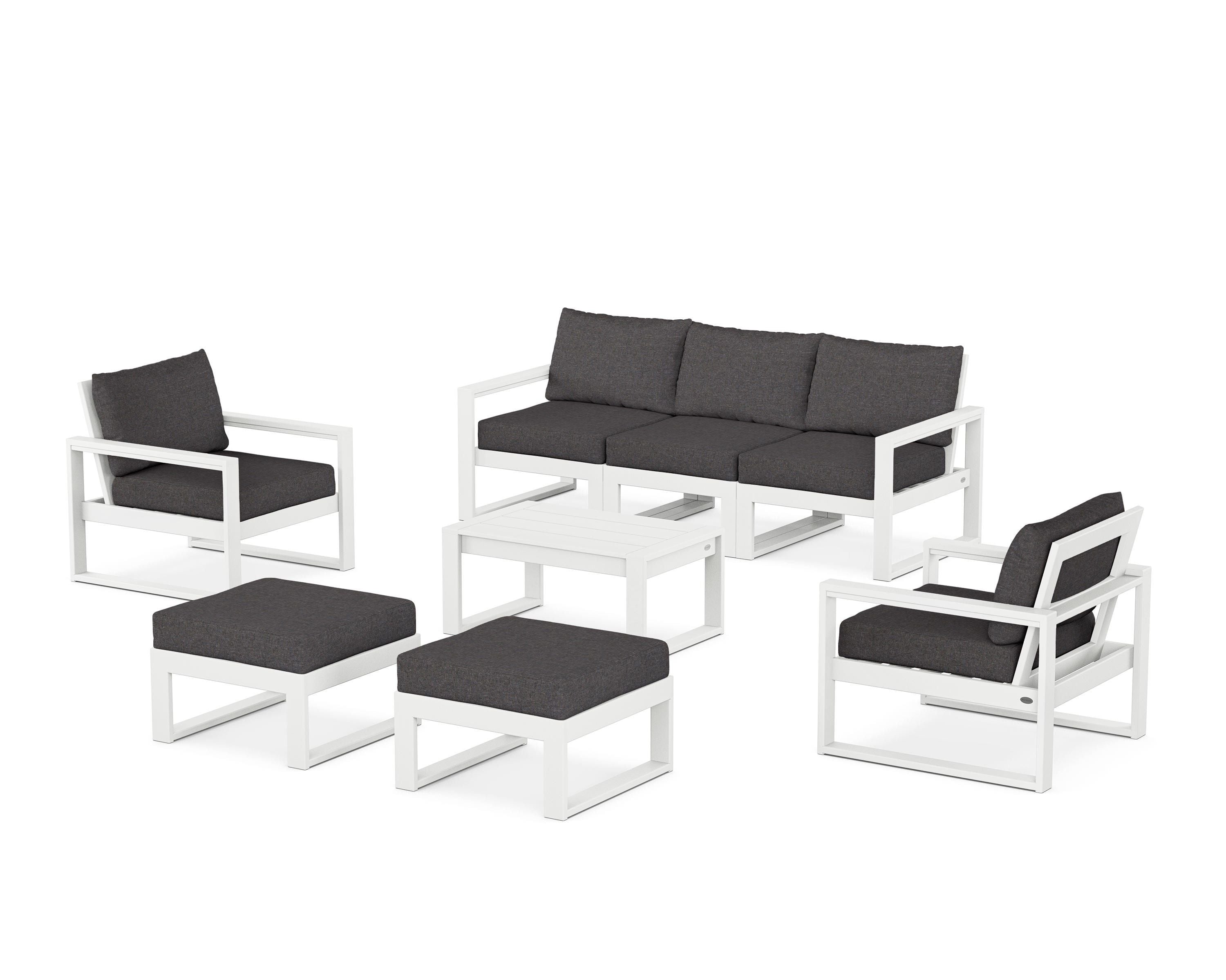 POLYWOOD EDGE Sectional 8-Piece Lounge Sofa Set in White / Ash Charcoal