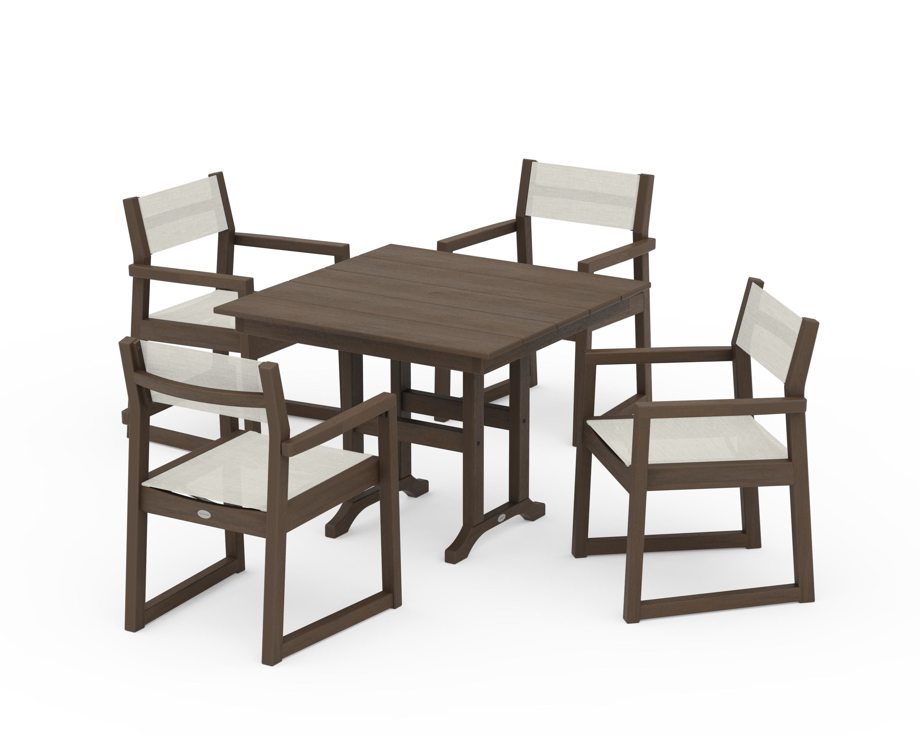 POLYWOOD EDGE Sling Arm Chair 5-Piece Farmhouse Dining Set in Kona / Parchment Sling