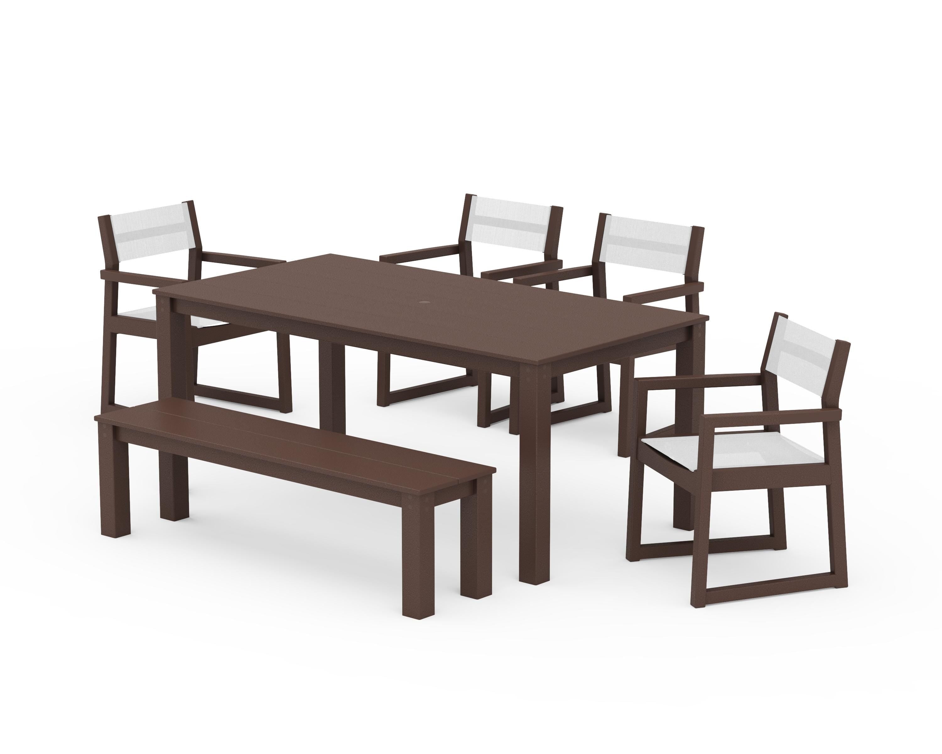 POLYWOOD EDGE Sling Arm Chair 6-Piece Parsons Dining Set with Bench in Mahogany / White Sling