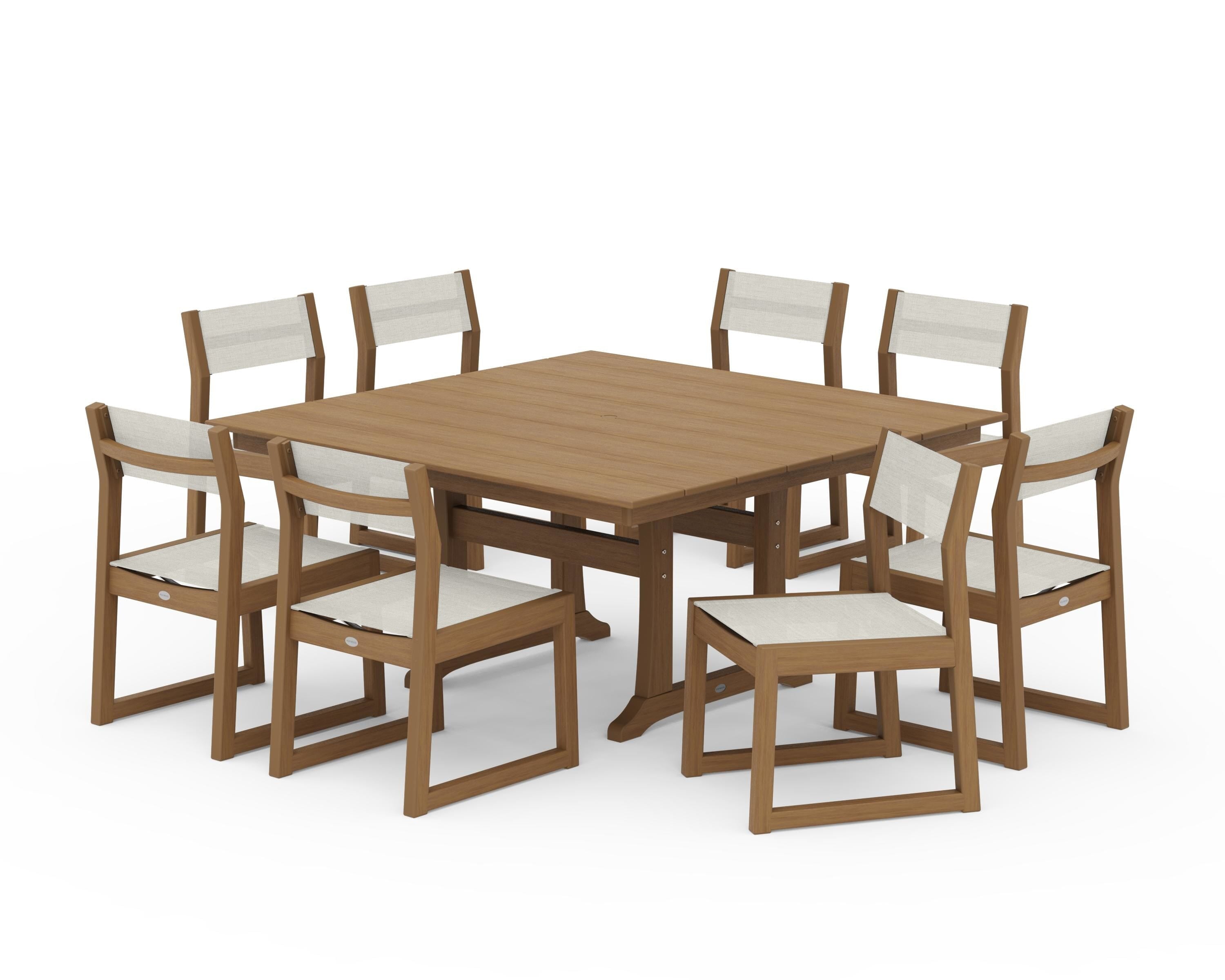 POLYWOOD EDGE Sling Side Chair 9-Piece Farmhouse Trestle Dining Set in Natural / Parchment Sling