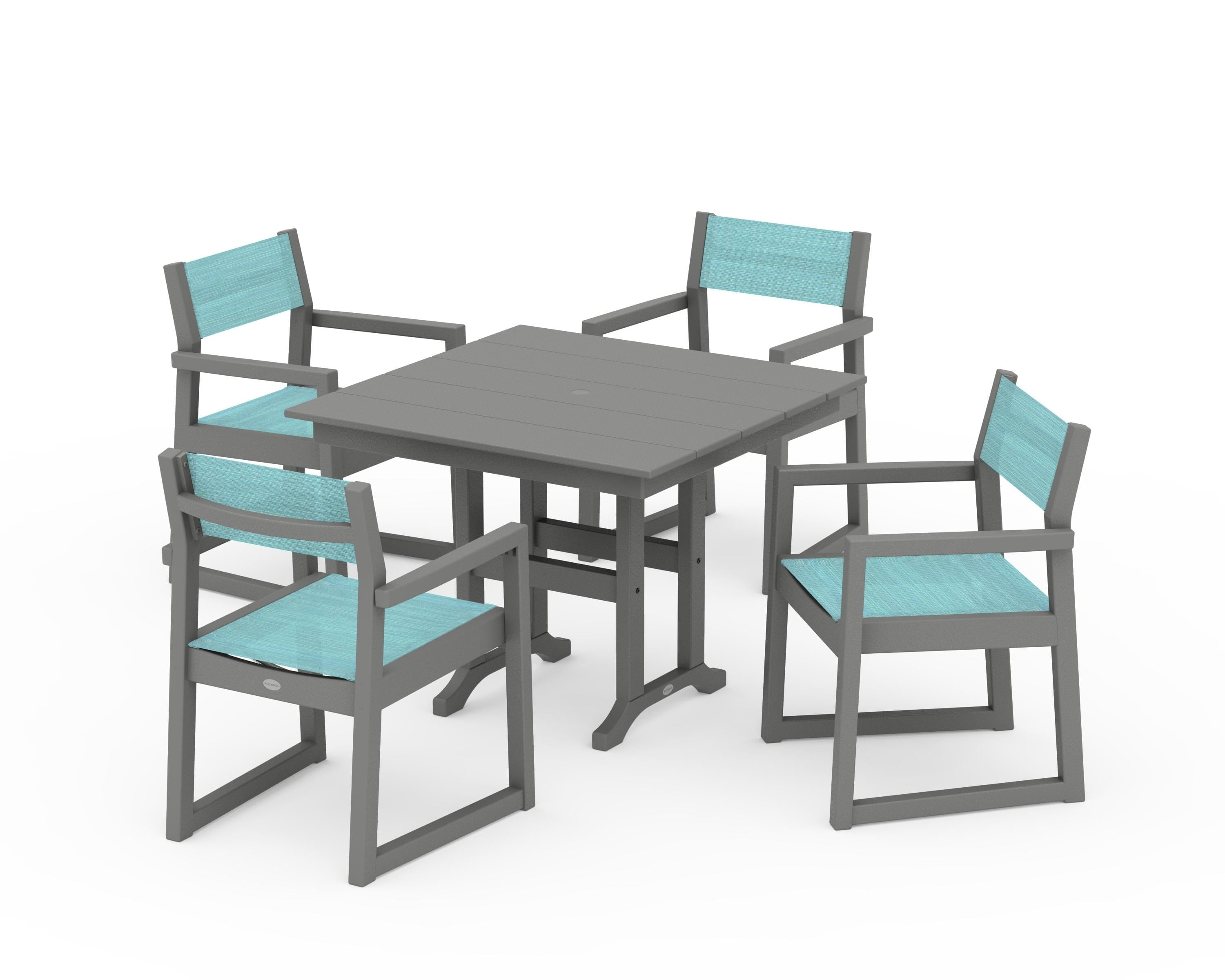 POLYWOOD EDGE Sling Arm Chair 5-Piece Farmhouse Dining Set in Slate Grey / Dupioni Aquamarine Sling