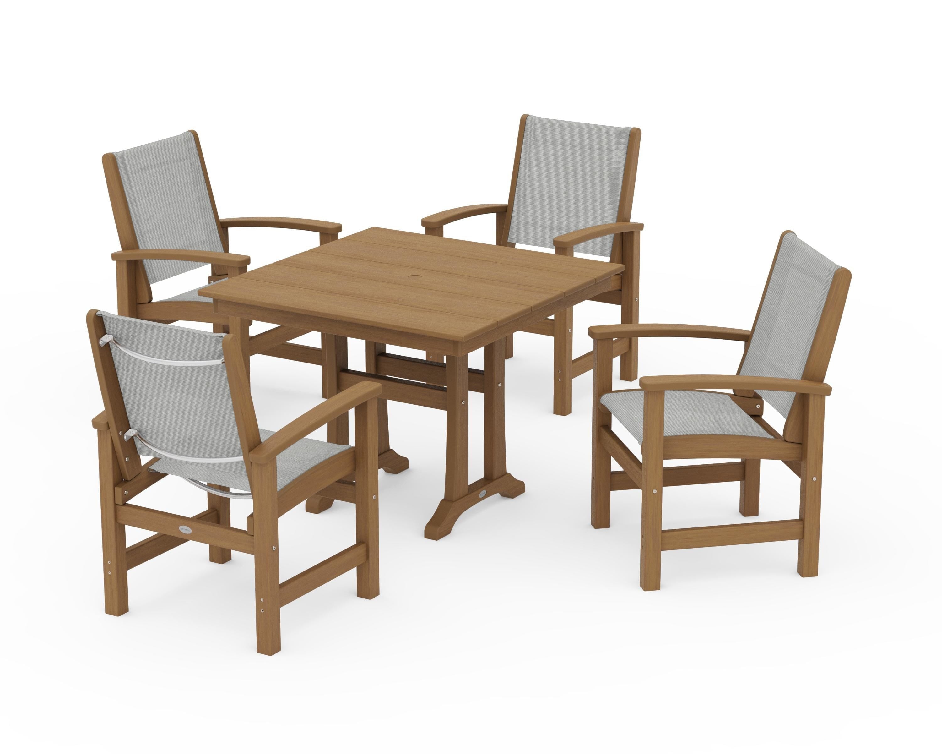 POLYWOOD Coastal 5-Piece Farmhouse Dining Set With Trestle Legs in Natural / Metallic Sling