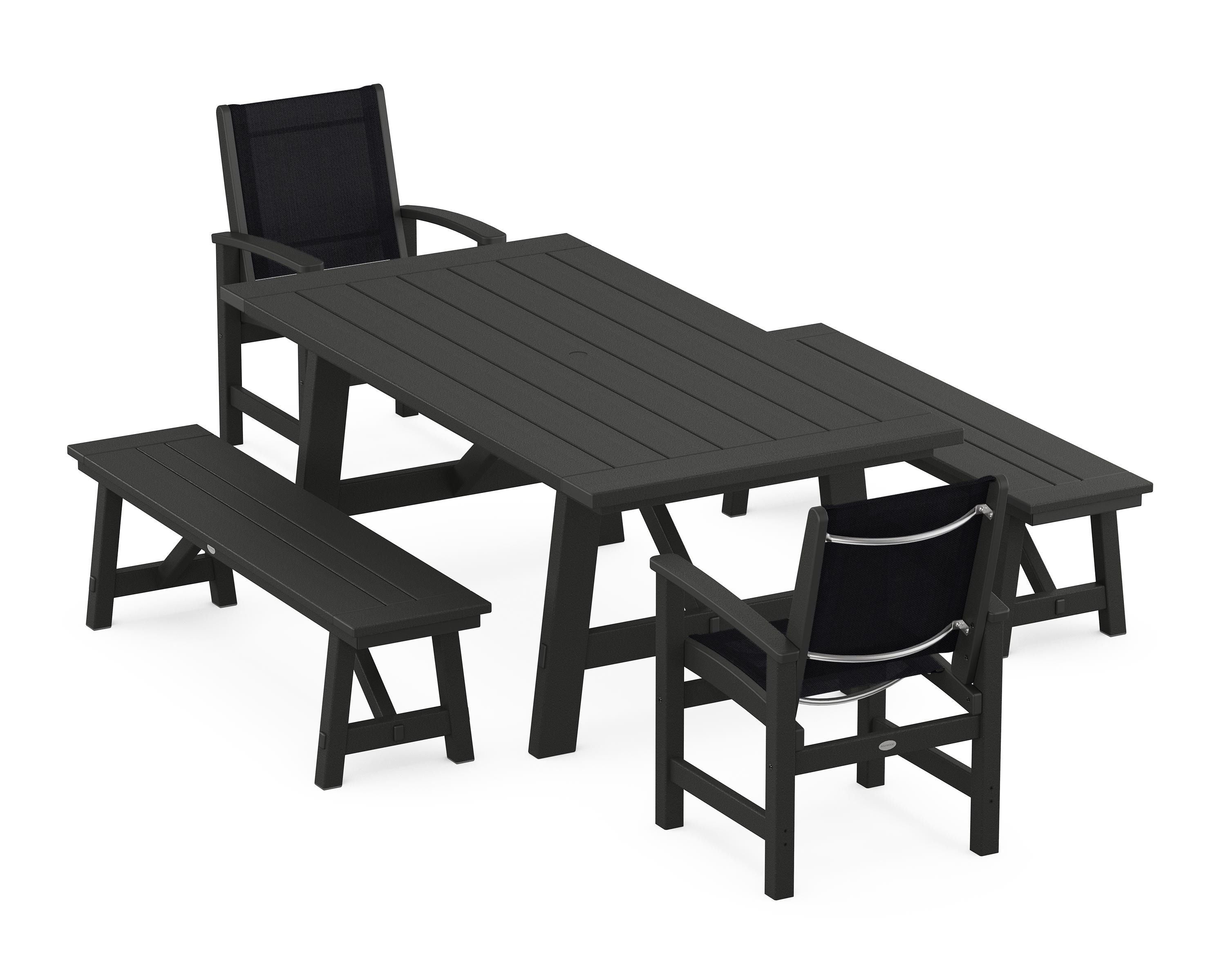 POLYWOOD Coastal 5-Piece Rustic Farmhouse Dining Set With Benches in Black / Black Sling