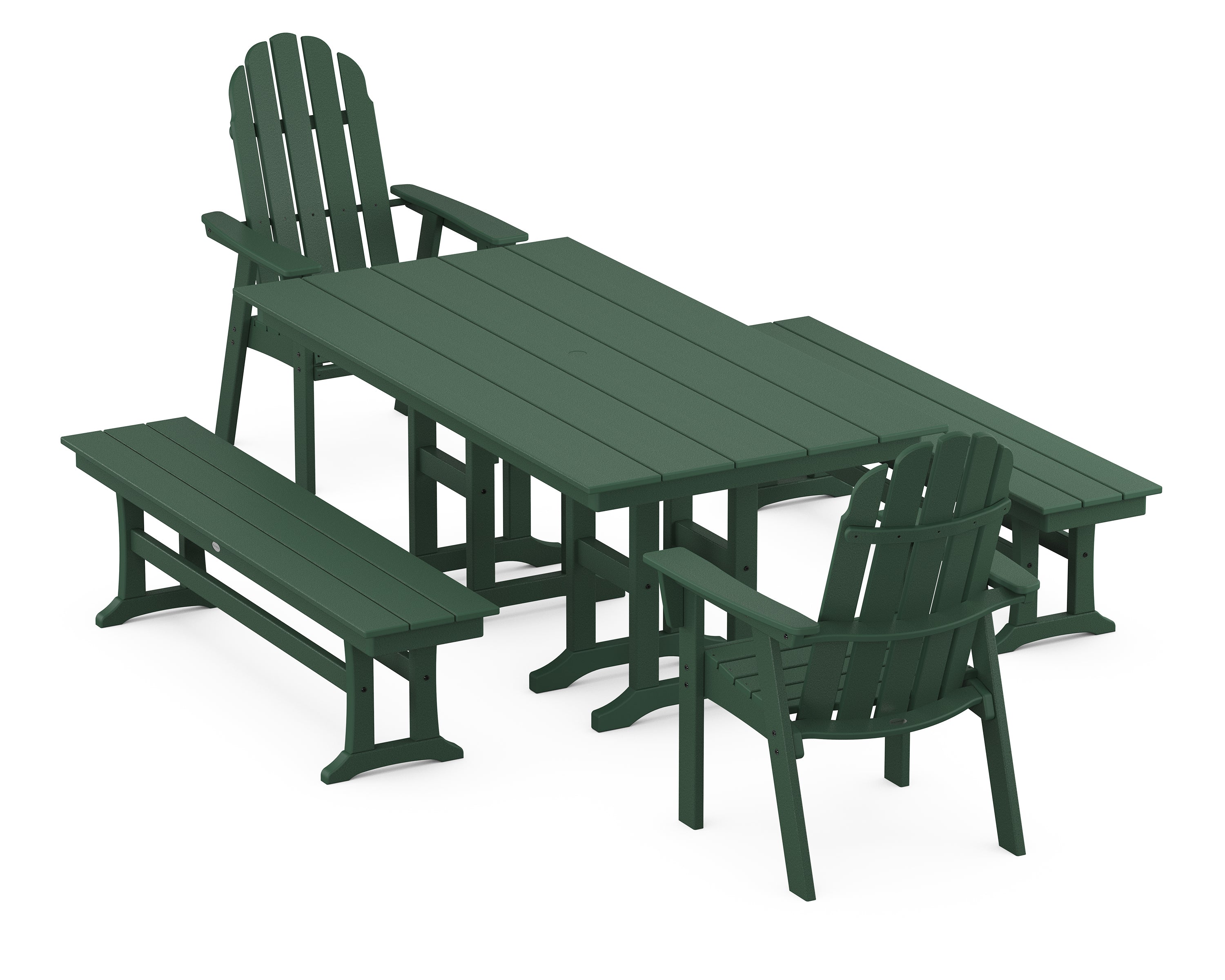 POLYWOOD® Vineyard Curveback Adirondack 5-Piece Farmhouse Dining Set with Benches in Green