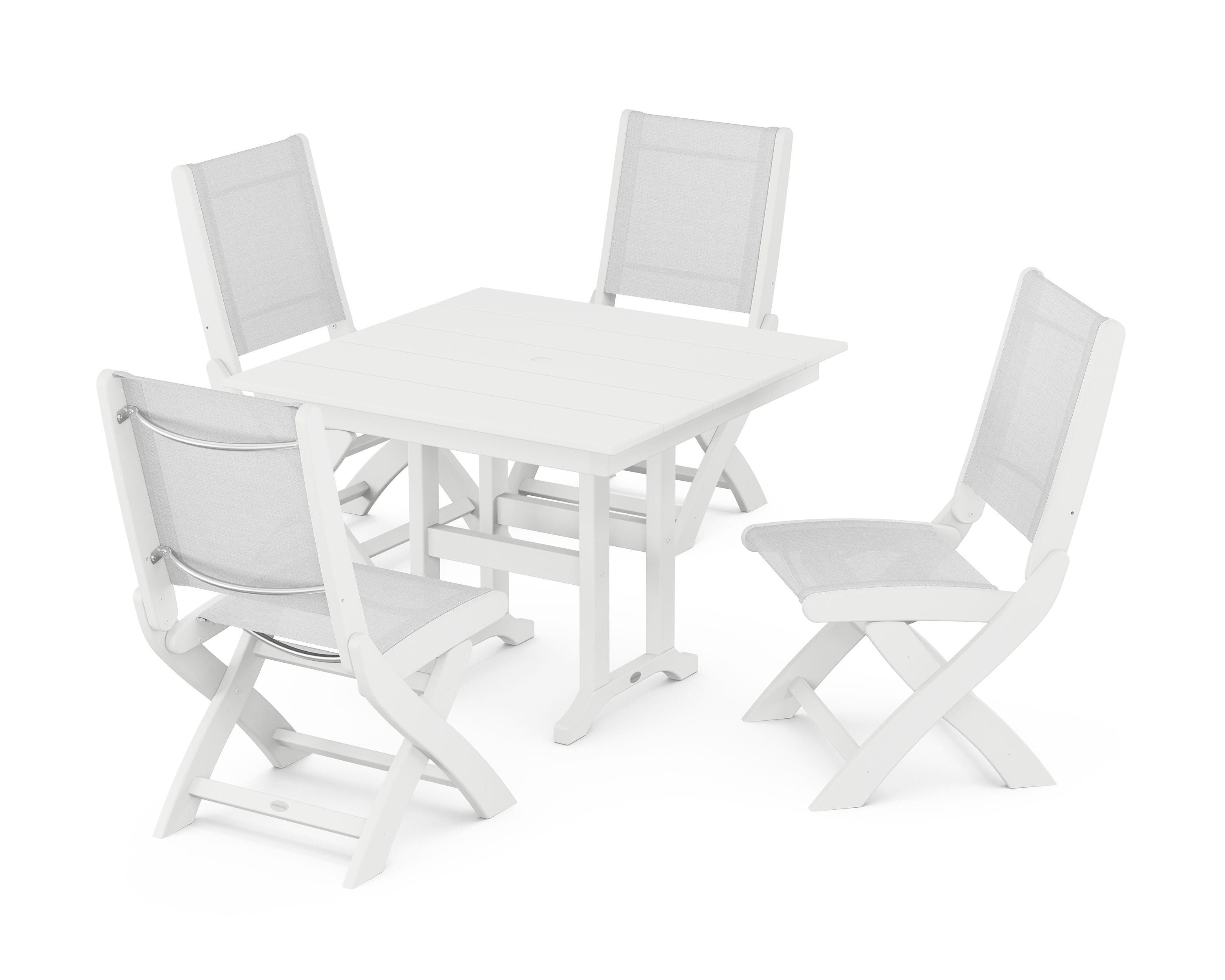 POLYWOOD Coastal Folding Side Chair 5-Piece Farmhouse Dining Set in White / White Sling