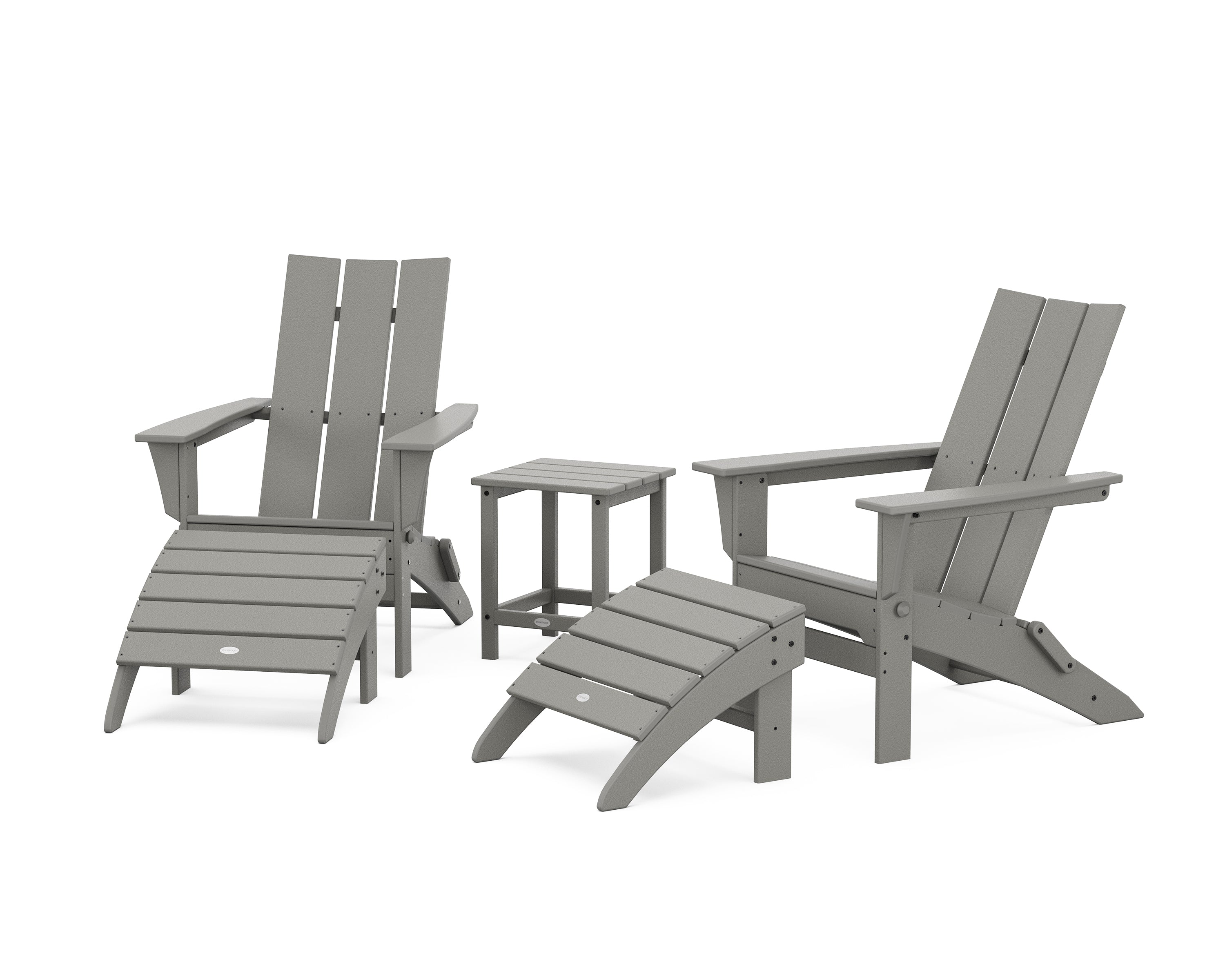 POLYWOOD® Modern Folding Adirondack Chair 5-Piece Set with Ottomans and 18" Side Table in Slate Grey