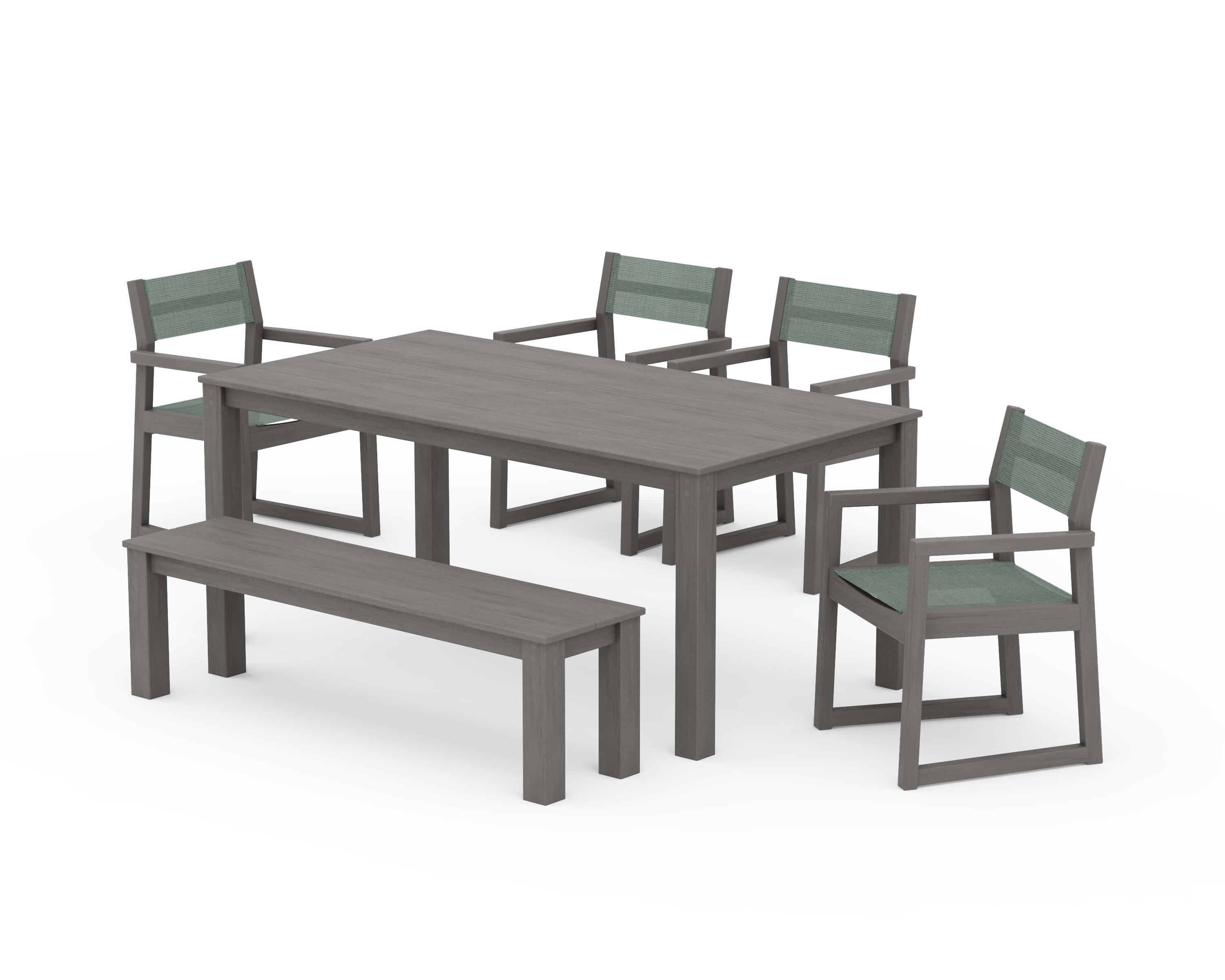 POLYWOOD EDGE Sling Arm Chair 6-Piece Parsons Dining Set with Bench in Driftwood / Dupioni Sea Mist Sling