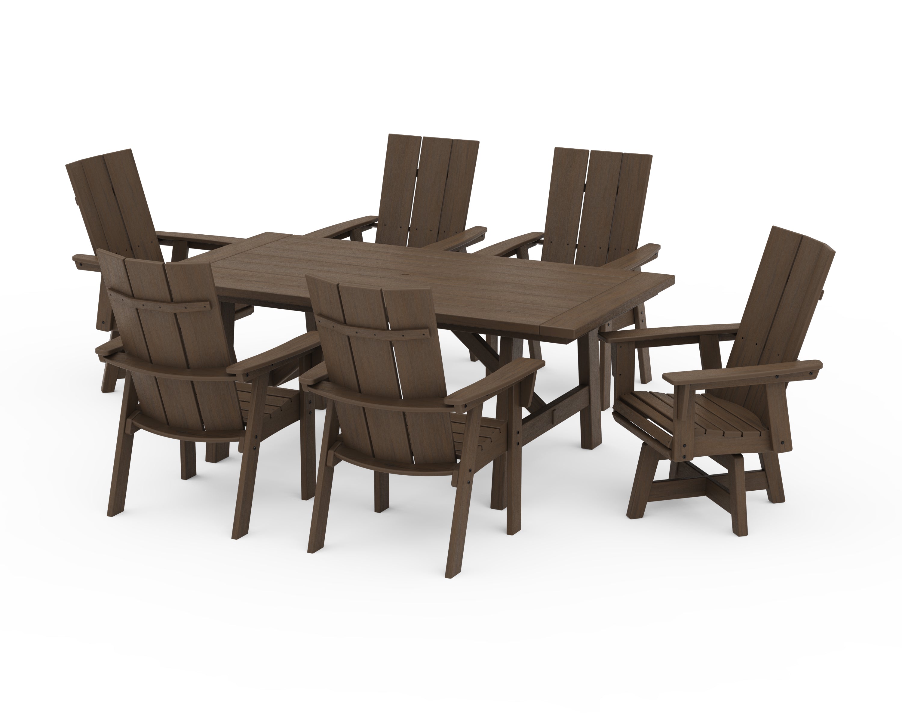 POLYWOOD Modern Curveback Adirondack 7-Piece Rustic Farmhouse Swivel Dining Set in Kona