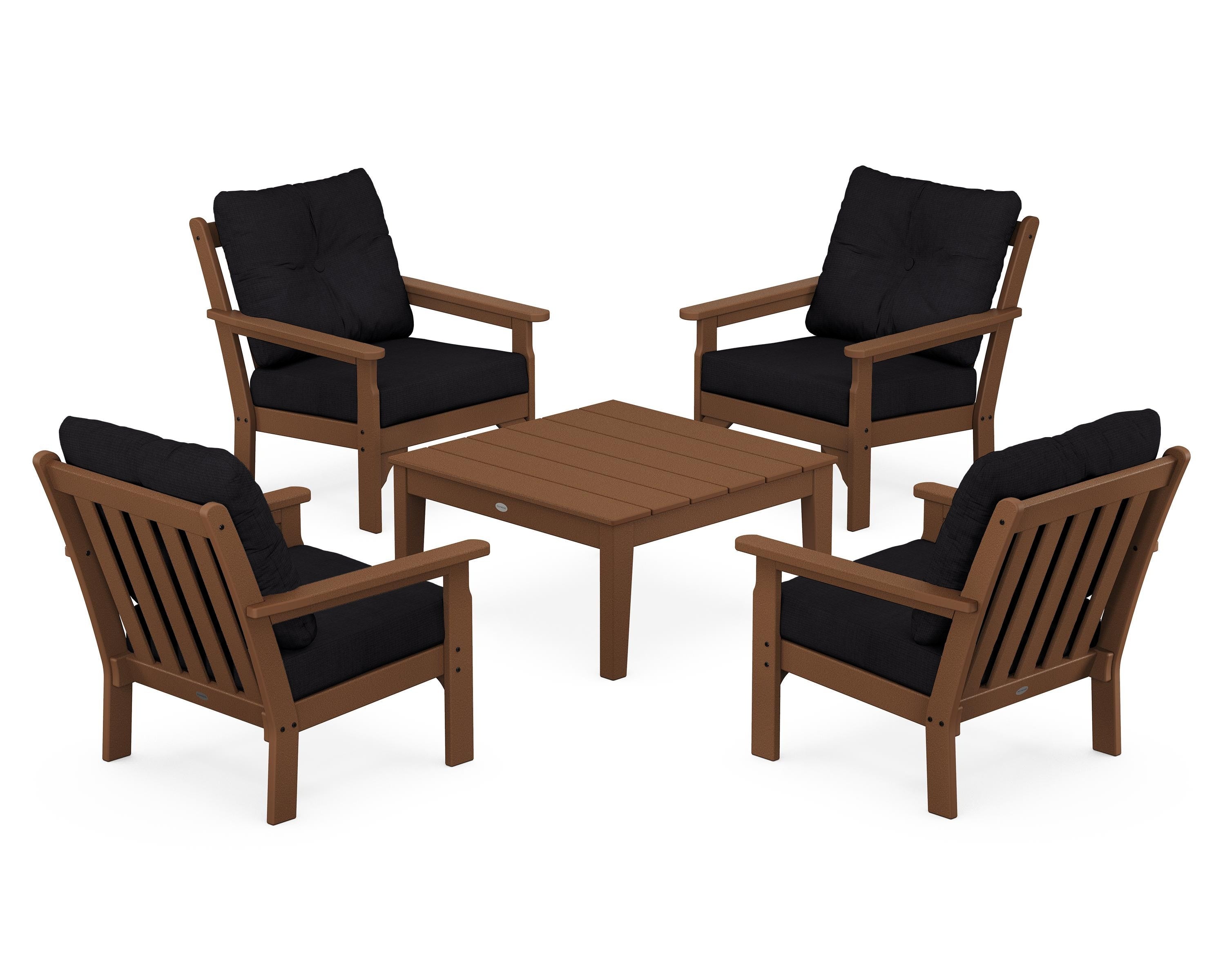 POLYWOOD Vineyard 5-Piece Deep Seating Conversation Set in Teak / Midnight Linen