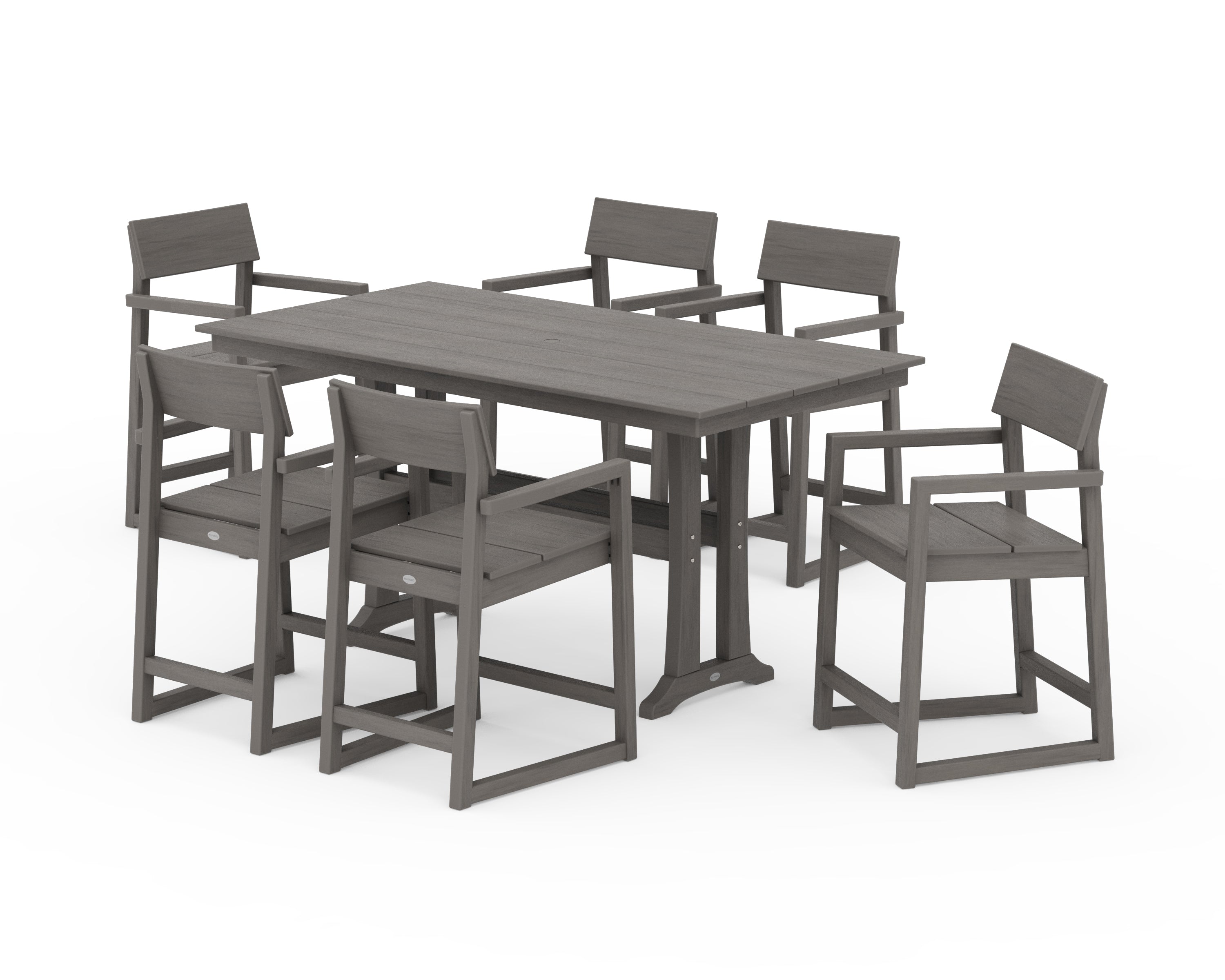 POLYWOOD EDGE Arm Chair 7-Piece Farmhouse Counter Set with Trestle Legs in Driftwood