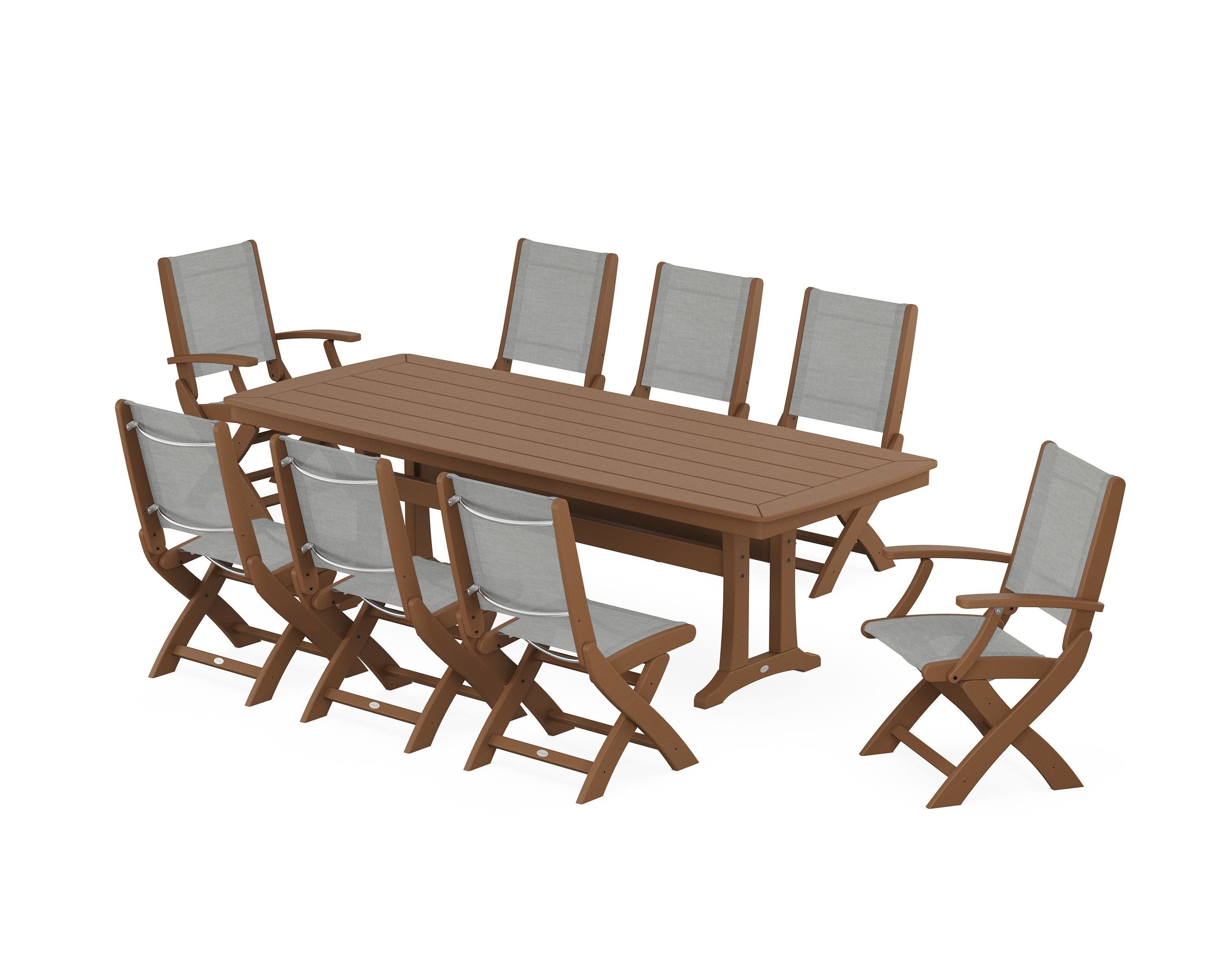 POLYWOOD Coastal Folding 9-Piece Dining Set with Trestle Legs in Teak / Metallic Sling