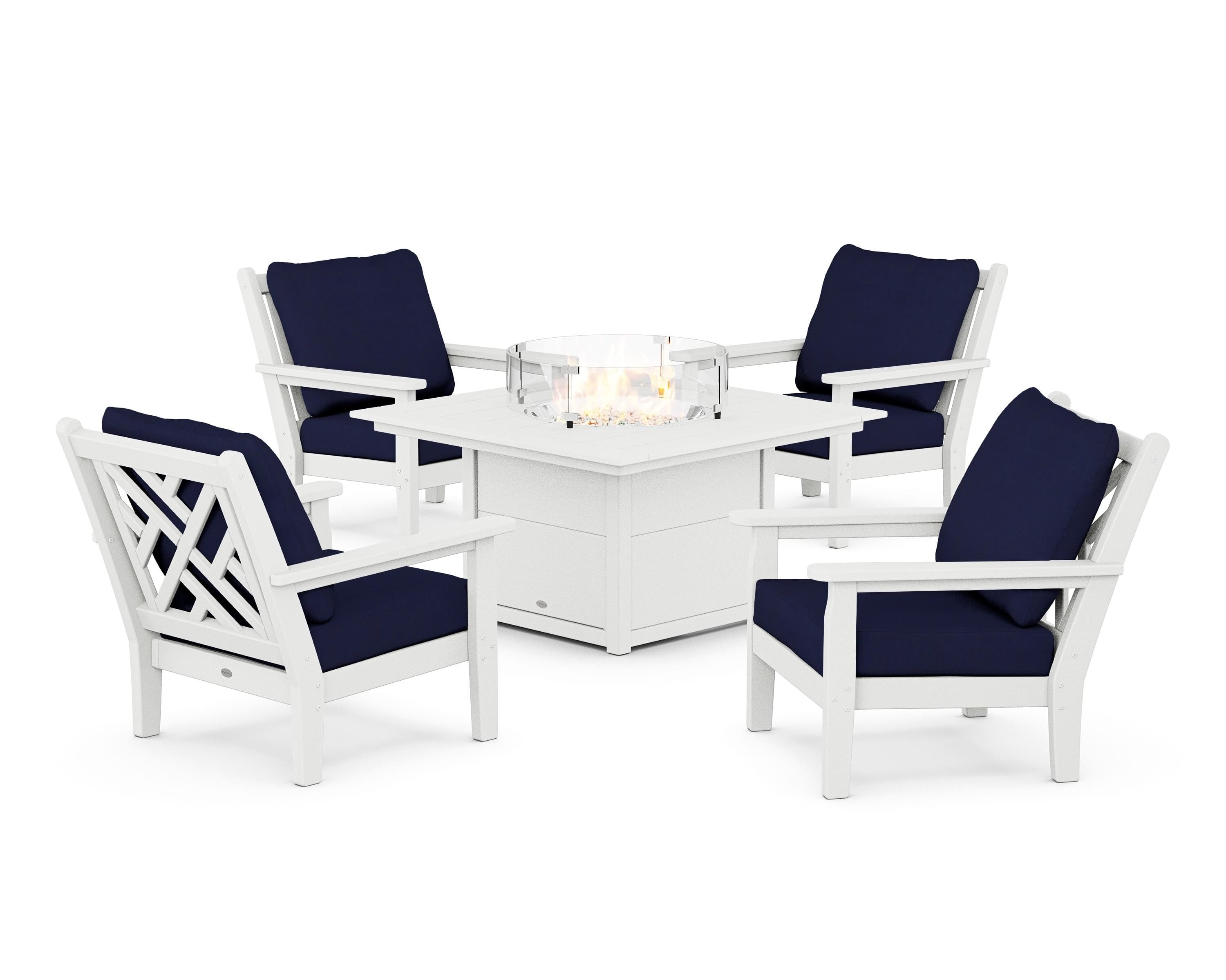 POLYWOOD Chippendale 5-Piece Deep Seating Set with Fire Pit Table in White / Navy