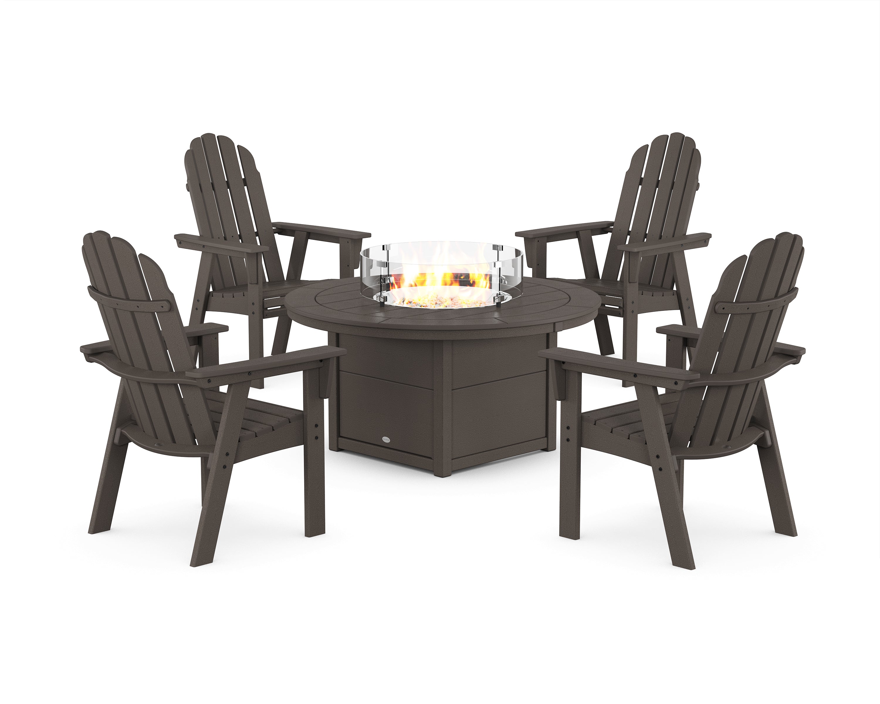 POLYWOOD® Vineyard 4-Piece Curveback Upright Adirondack Conversation Set with Fire Pit Table in Vintage Coffee