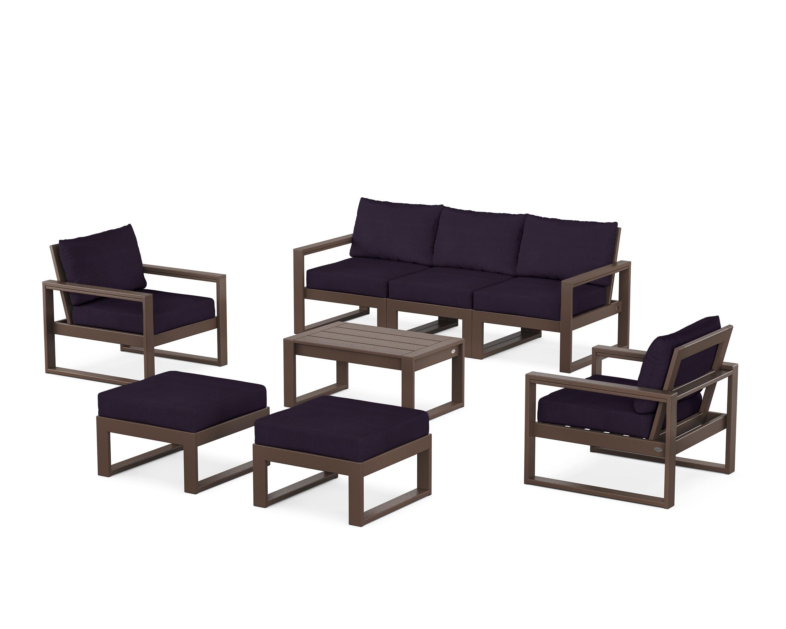 POLYWOOD EDGE Sectional 8-Piece Lounge Sofa Set in Mahogany / Navy Linen