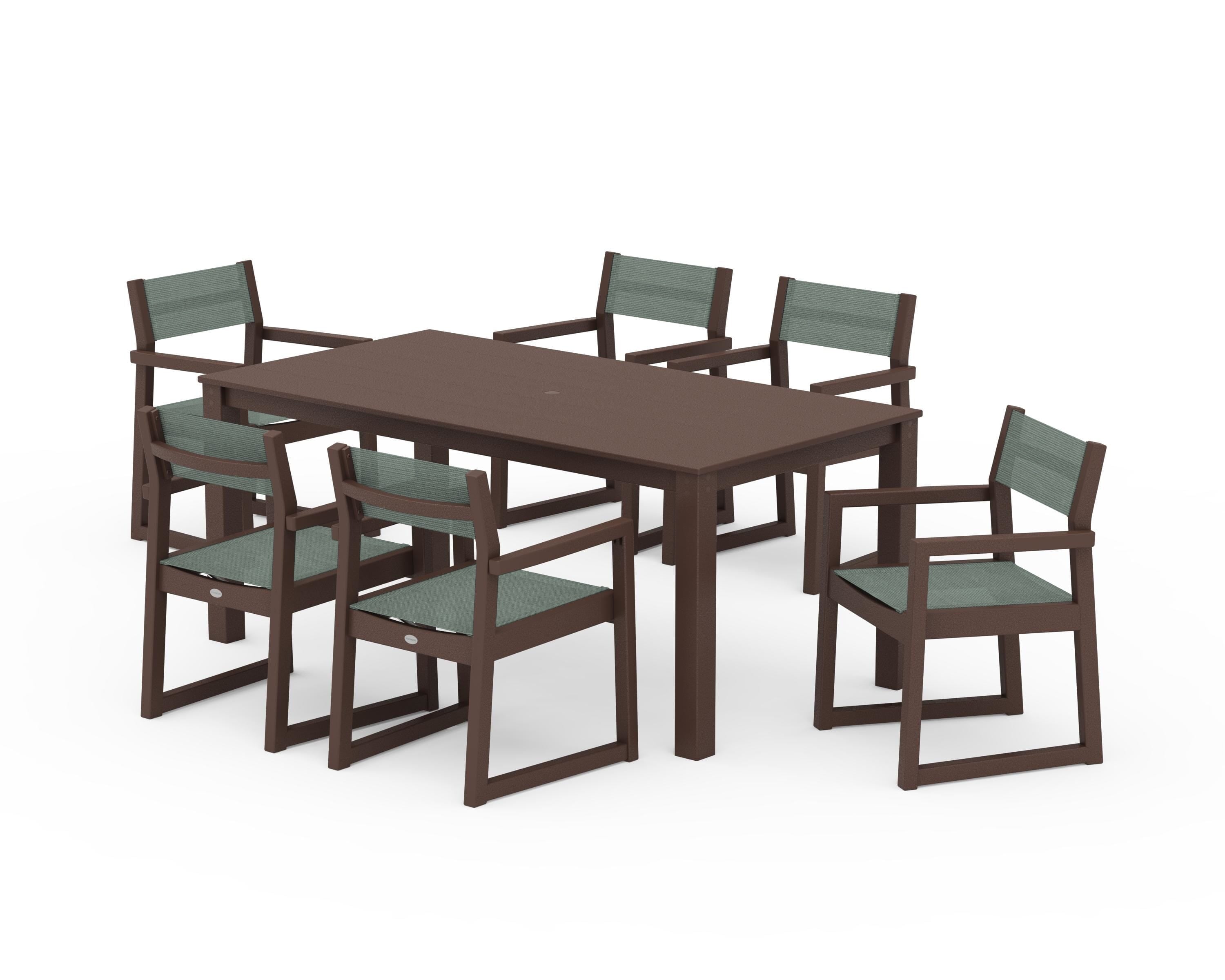 POLYWOOD EDGE Sling Arm Chair 7-Piece Parsons Dining Set in Mahogany / Dupioni Sea Mist Sling